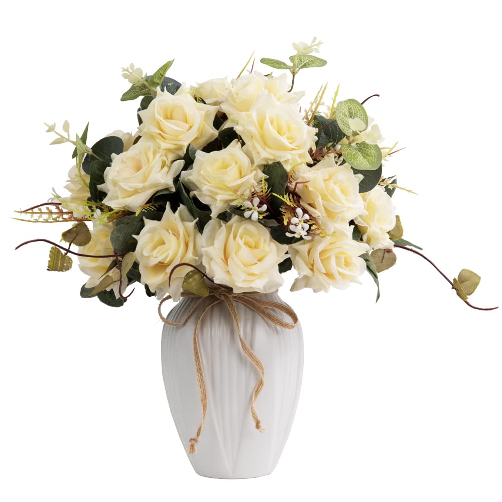 LESING Artificial Rose Flowers with Vase - Faux Silk Fake Rose Bouquet, Elegant Table Centerpiece for Home & Wedding Decor (Champagne) | Perfect for Dining Table Decor, Bridal Shower, Anniversary Gifts & Romantic Home Decoration