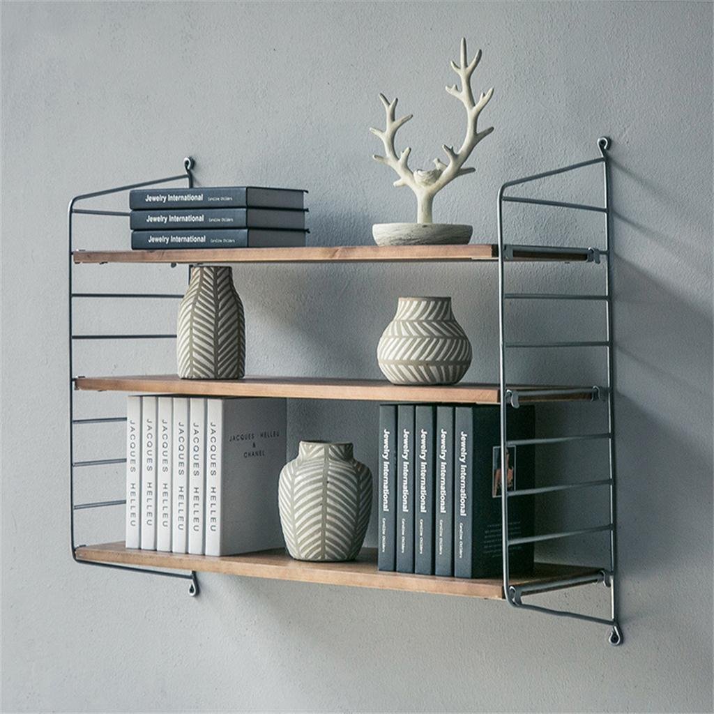 3-Tier Wrought Iron and Solid Wood Floating Shelf - Wall Mounted Bookshelf for Home & Office Decor, Space-Saving Storage Solution (60x27x75cm) - Perfect for Living Room, Bedroom, Kitchen or Bathroom Organization