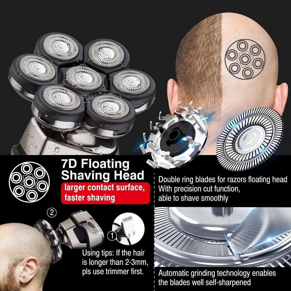 Electric Head Shaver for Bald Men - 7D Waterproof LED Shaving Machine, Wet/Dry Trimmer Razor for Smooth Bald Head Shaving | Perfect for Home, Travel & Gym Use
