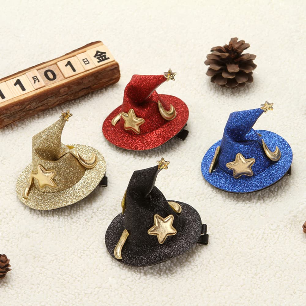 2Pcs Mini Top Hat Hair Clips - Shining Star & Moon Halloween Witch Hat Hairpins, Hair Barrettes for Women & Girls - Perfect for Party, Performance, Cosplay & Witch Costume Accessories (Blue & Black)