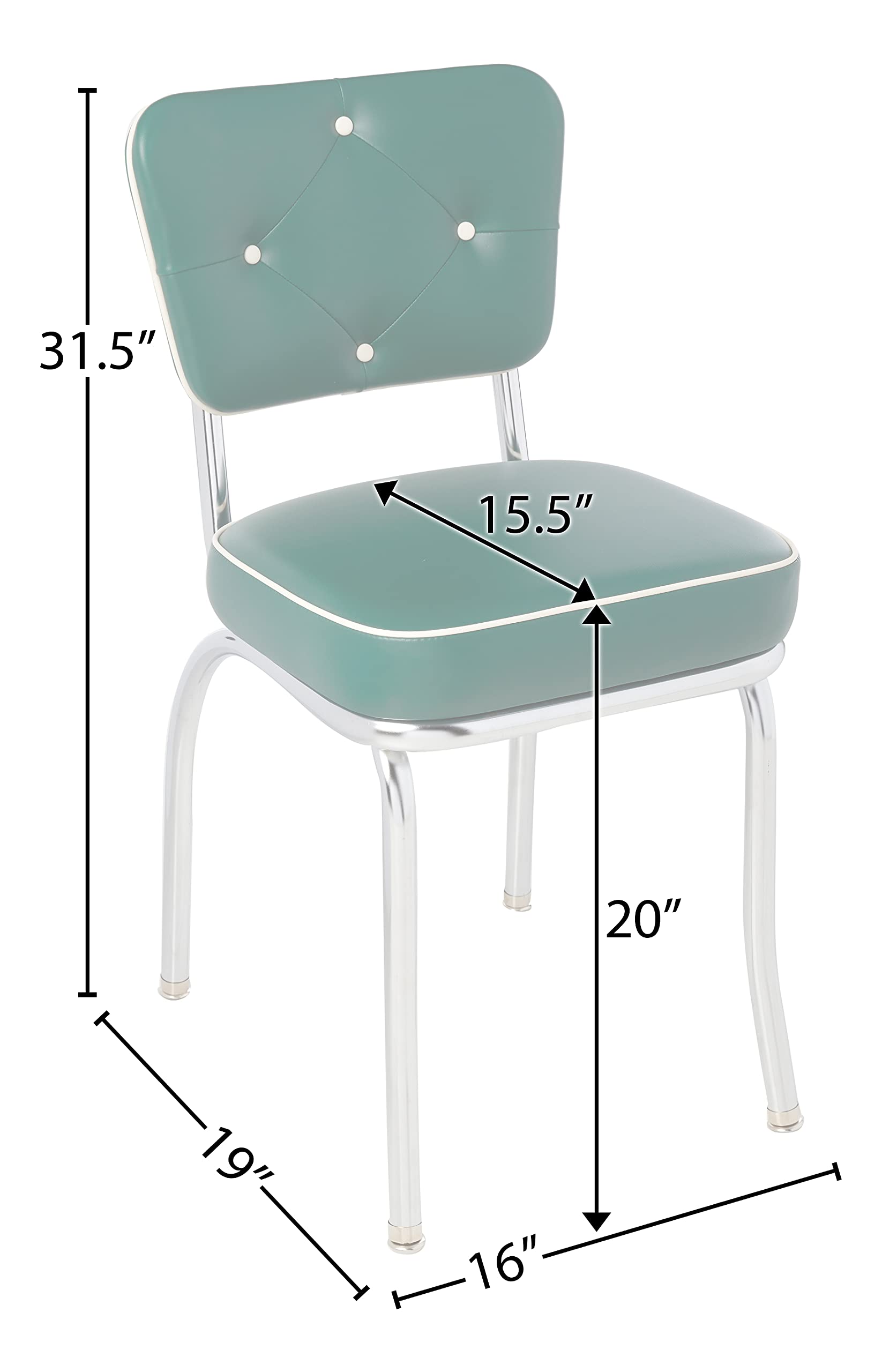 Vintage Style Chrome Diner Chair with Button Tufted Back & Cushioned Box Seat - Retro Green Metal Kitchen Chair for Home, Cafe & Restaurant (Set of 2) - Perfect for Breakfast Nooks, Kitchen Islands & Retro Dining Areas