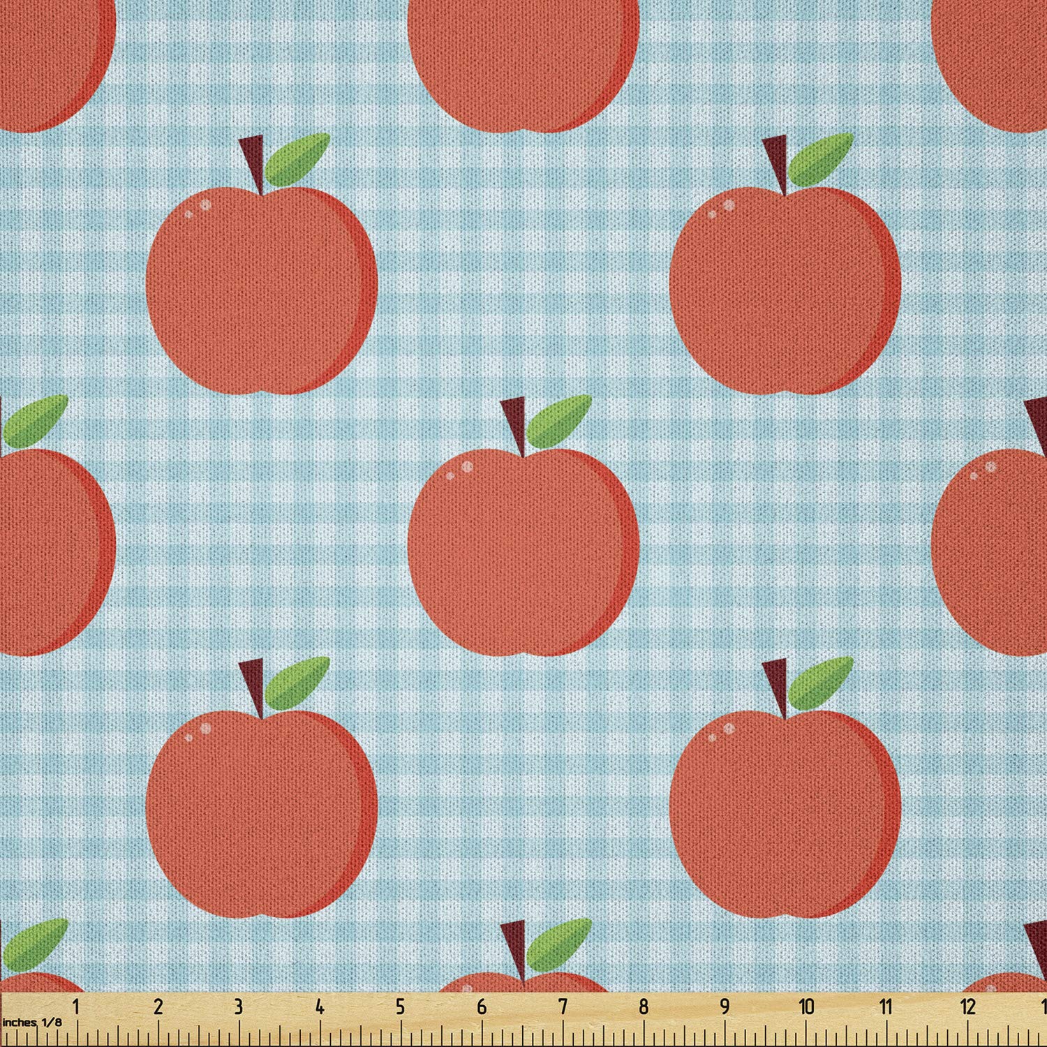 Lunarable Checkered Microfiber Fabric by The Yard - Apples on Tartan Print for Kitchen, Restaurant & Picnic Decor - 5 Yards Vermilion Blue - Perfect for Arts & Crafts, Textiles, Home Decor, Tablecloths, Curtains & DIY Projects