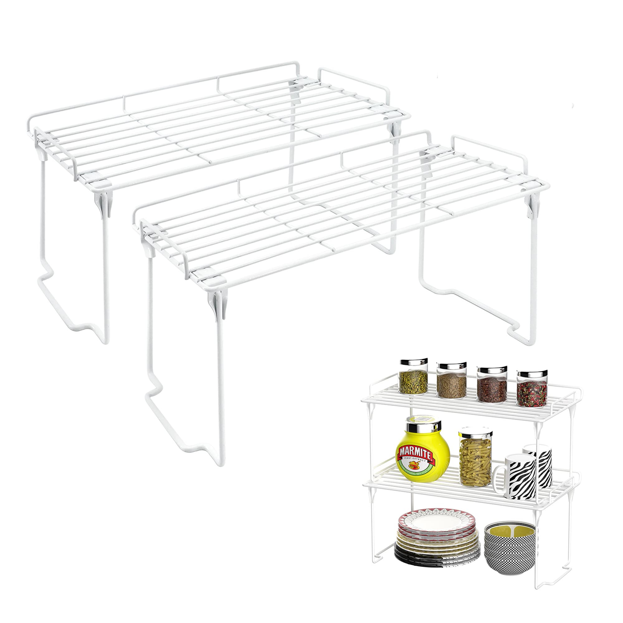 RedRubbit Stackable Foldable Kitchen Cabinet Organizer Shelf - 2 Pack Spice Rack for Counter, Pantry, Bathroom & Cupboard Storage - Perfect for Small Space Organization & Home Decluttering