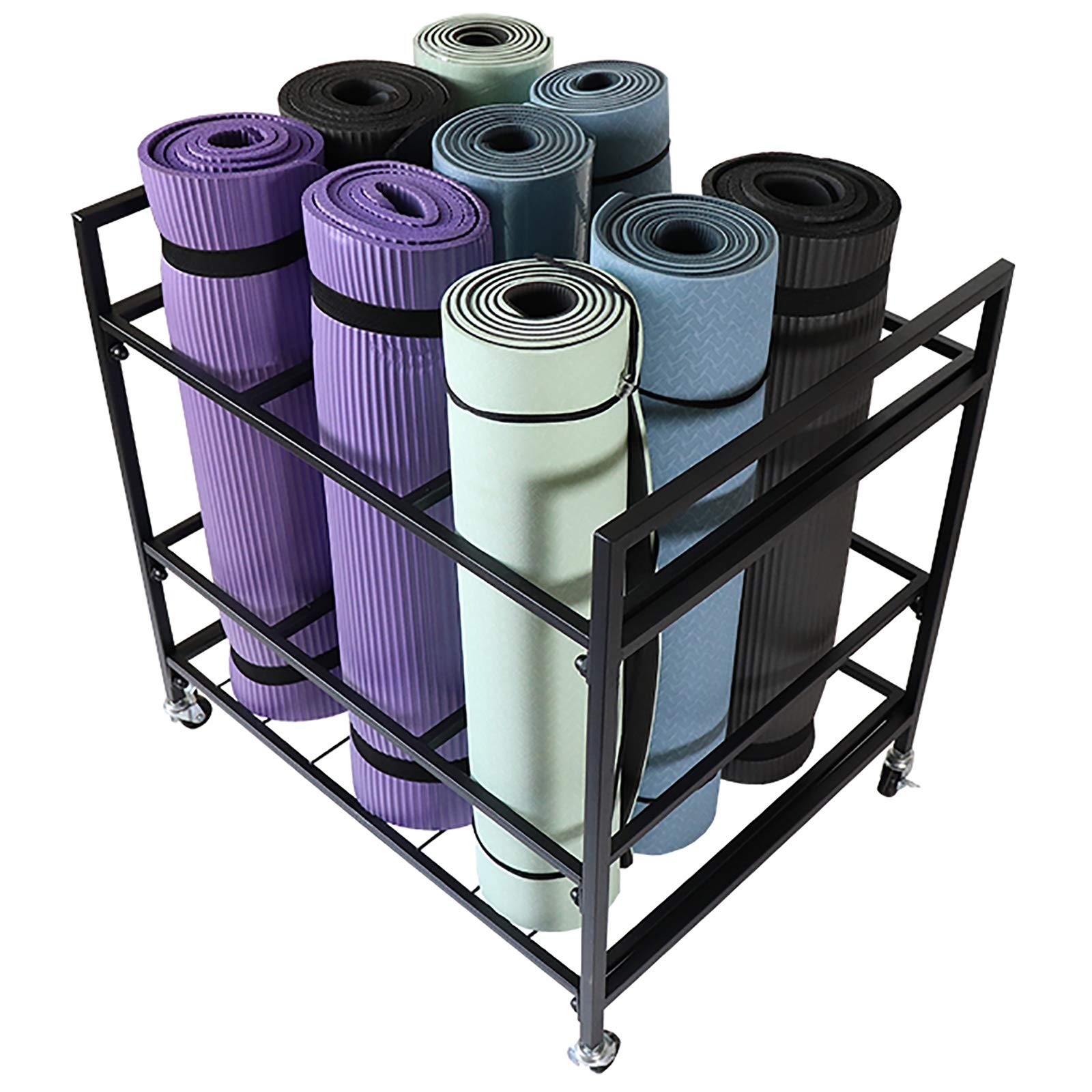 Premium Yoga Mat Storage Rack with Wheels - Heavy Duty Metal Organizer for Yoga Mats, Pilates Mats & Foam Rollers - Space Saving Black Shelf for Home Gym & Studio Organization (Ideal for Small Spaces & Yoga Studios)