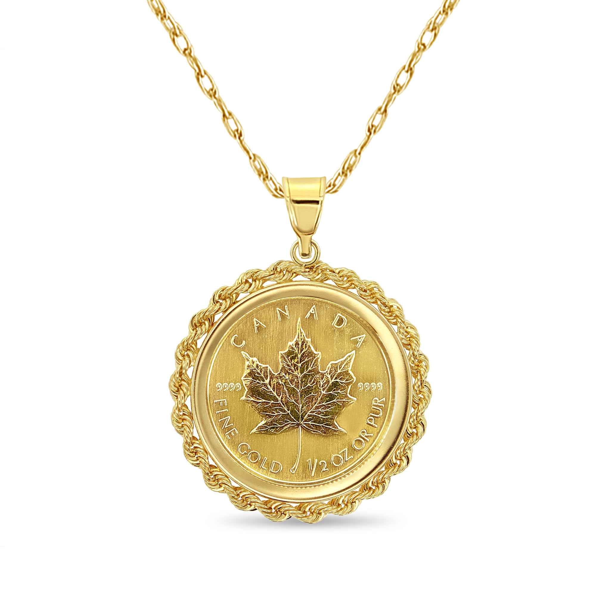 1/2OZ Canadian Maple Leaf Coin Necklace - 14k Yellow Gold Rope Bezel Pendant - Perfect for Gifts, Jewelry Collectors & Everyday Wear