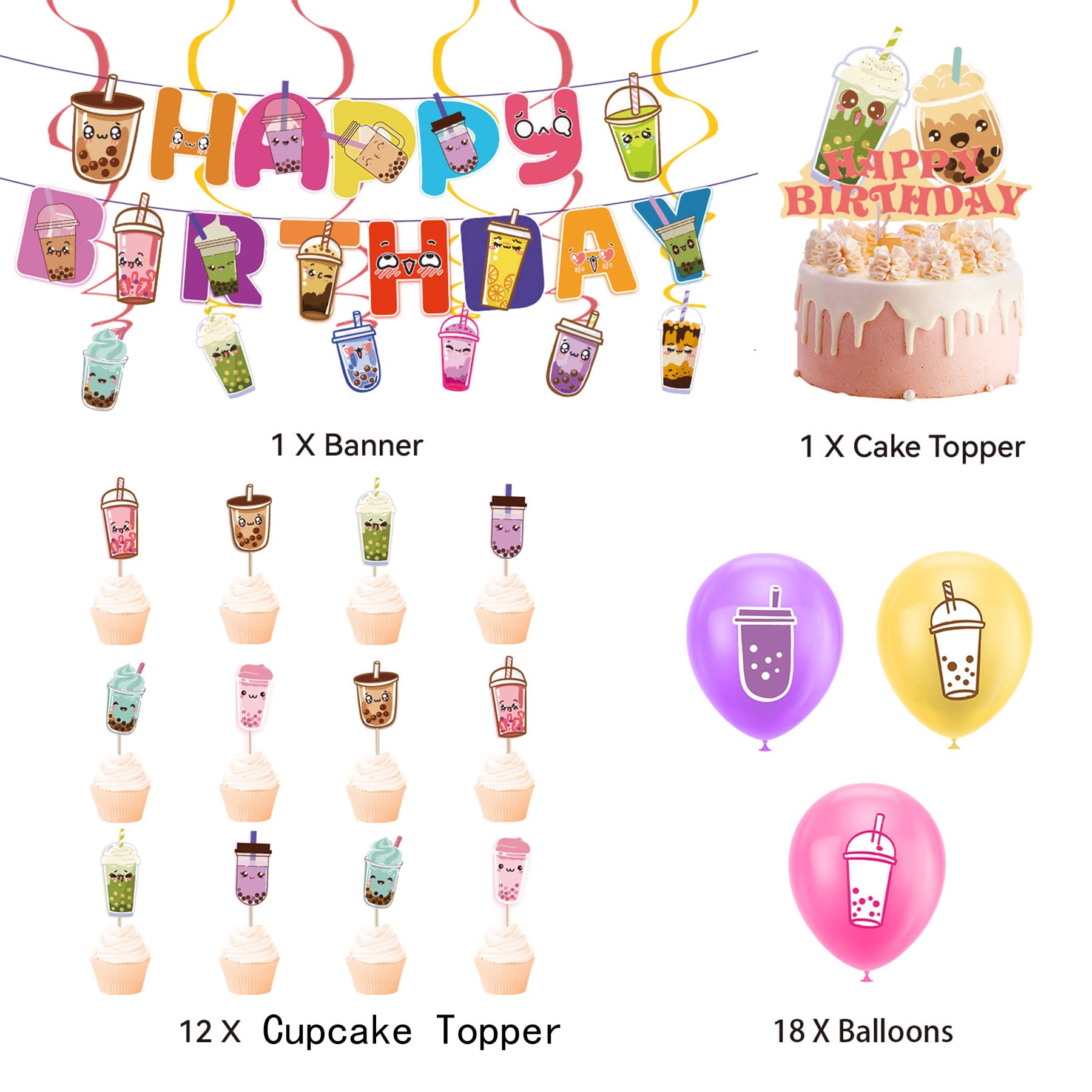 Bubble Tea Party Decorations Kit - Boba Tea Birthday Banner, Spirlas, Cake Topper, Cupcake Toppers & Balloons for Boba Themed Celebrations | Perfect for Birthday Parties, Baby Showers & Bridal Showers