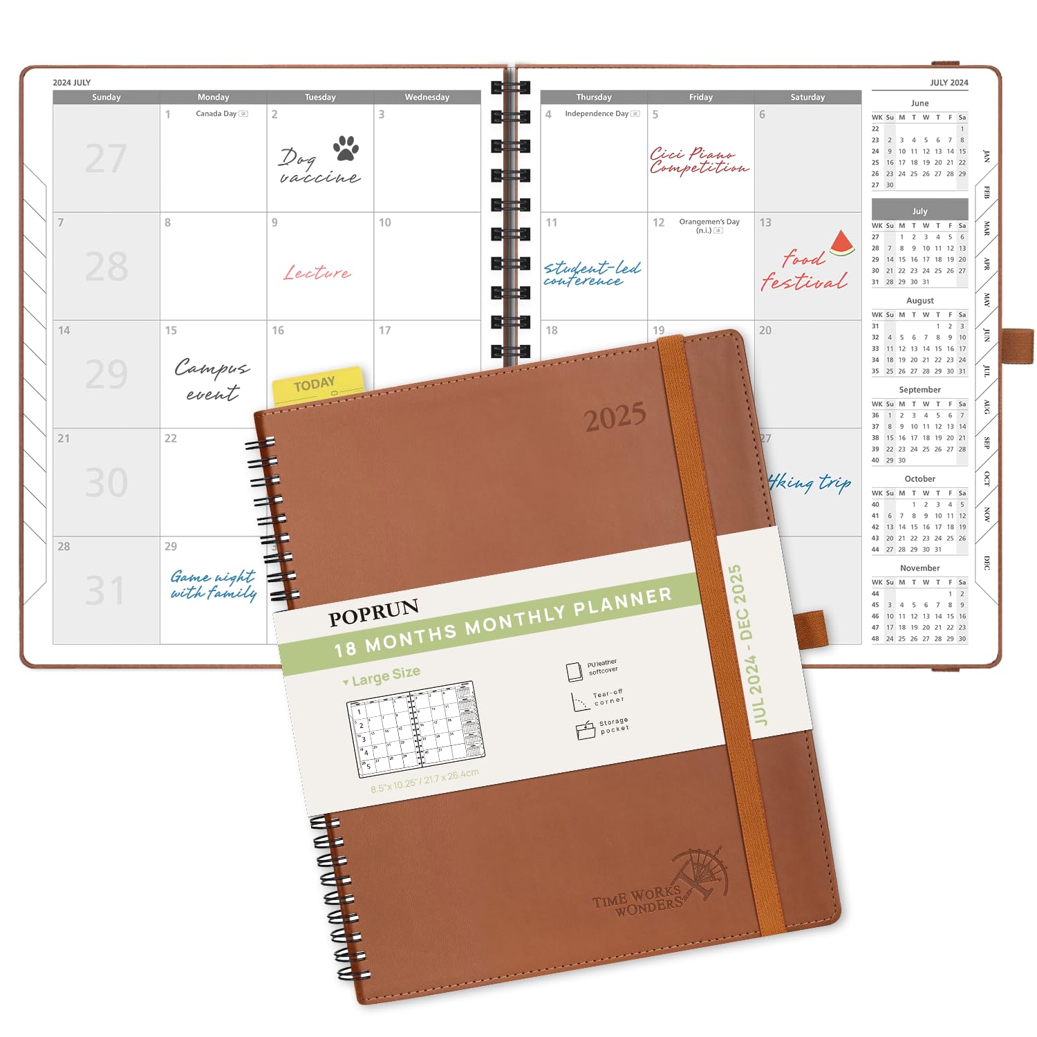POPRUN 2024-2025 Monthly Planner - 18 Month Spiral Bound Calendar (July 2024 - December 2025) with Leather Cover, 8.5