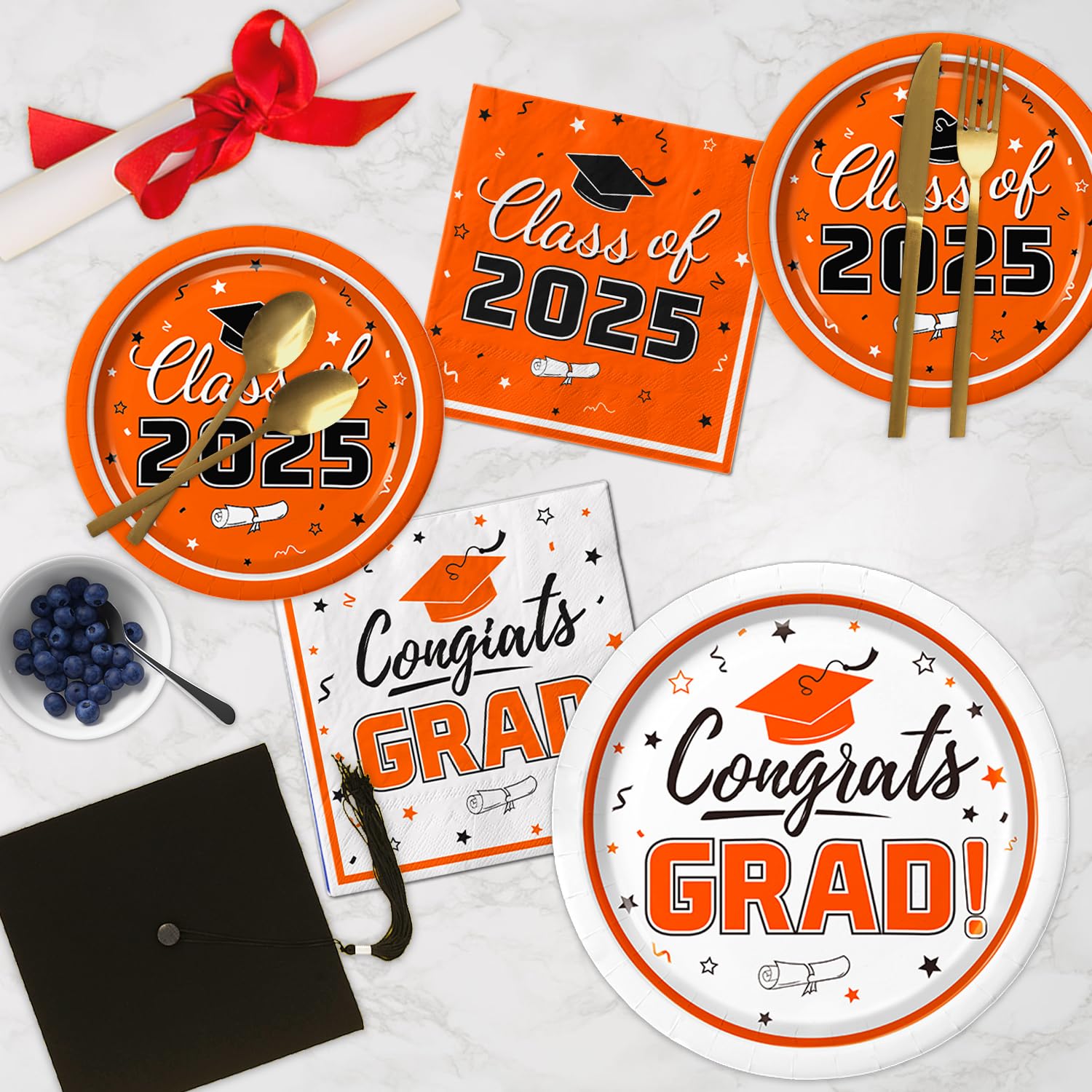 2025 Graduation Party Supplies Kit - Orange Themed Tableware Set for 50 Guests | Disposable Dinner Plates, Dessert Plates & Napkins | Perfect for Class of 2025 Graduation Decorations & Celebration Parties