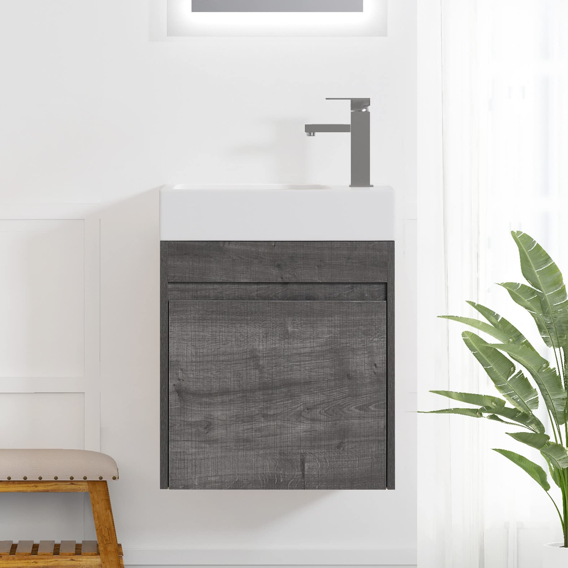 Modern 18-Inch Wall Mounted Bathroom Vanity Set with Sink Combo - Space-Saving Wood Hanging Cabinet with Resin Basin & Storage - Perfect for Small Bathrooms, Powder Rooms & Apartments (Grey)
