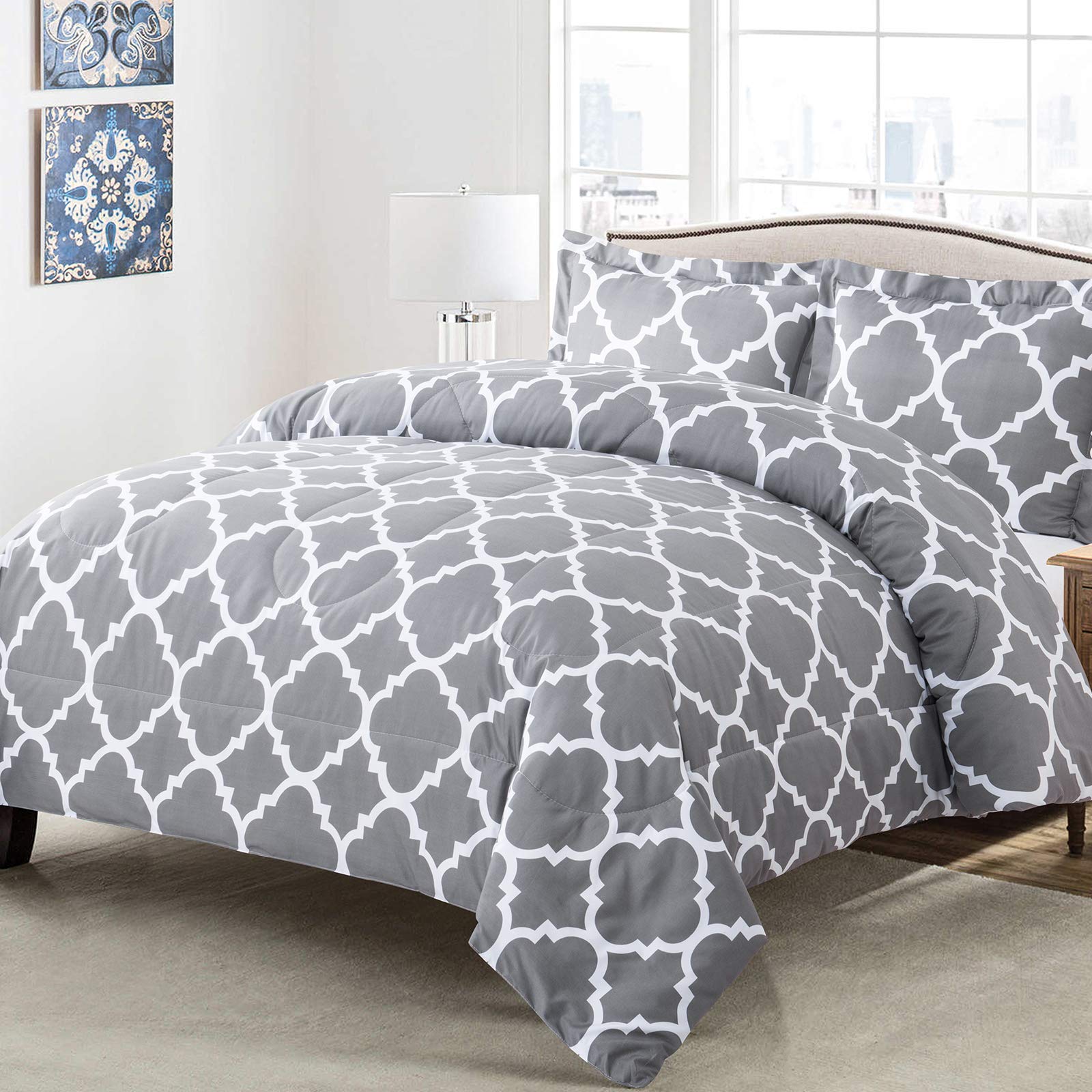 Shatex King Comforter Set - 3pc Ultra Soft Microfiber Bedding for All Seasons (Grey) - Perfect for Master Bedrooms & Guest Rooms