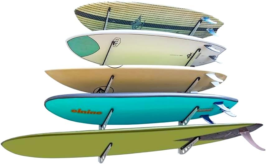 Adjustable Wall Mount Surfboard Rack - 5 Board Storage for Surfboards, Wakeboards, Snowboards - Perfect for Home, Garage, or Beach House Organization