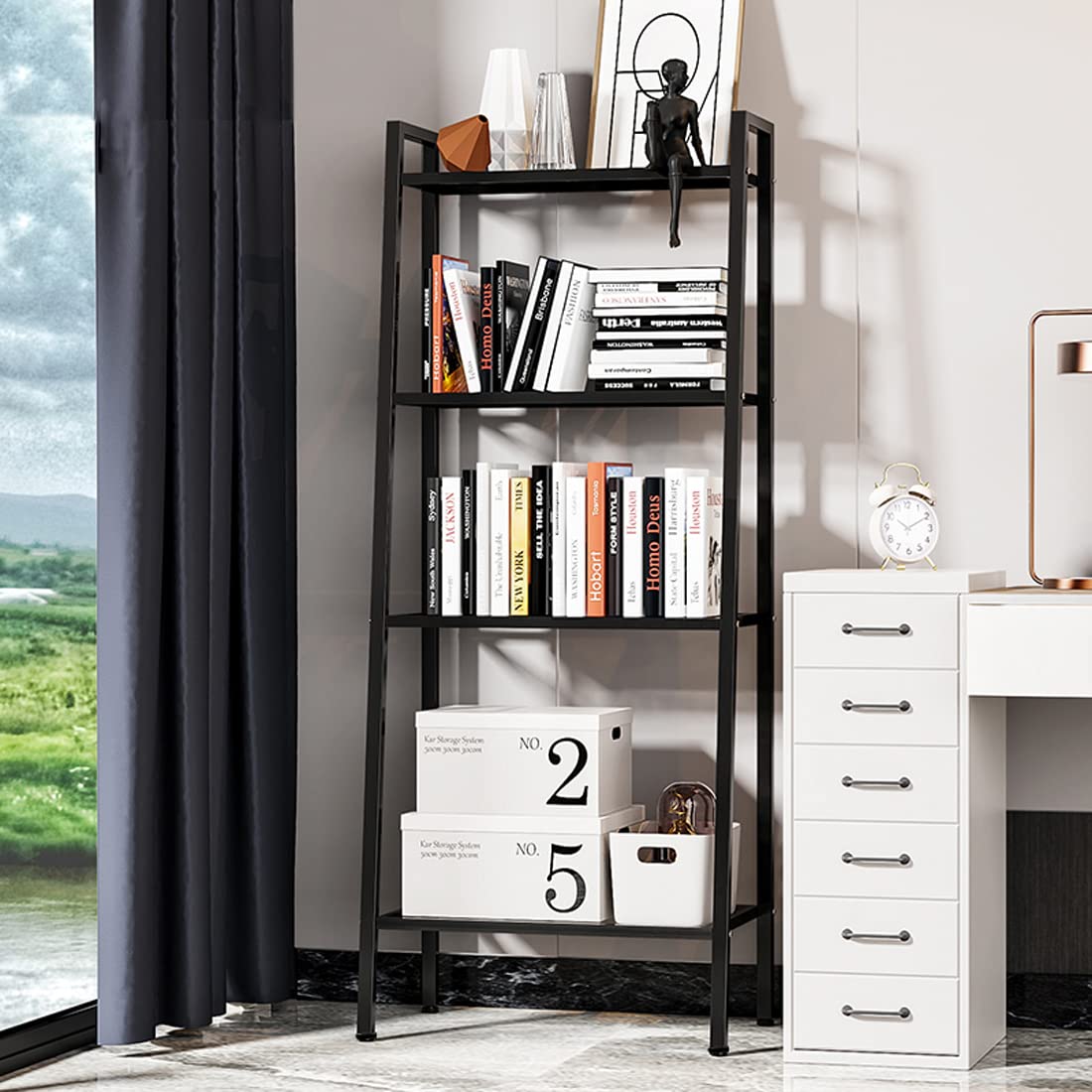 4-Tier Metal Ladder Shelf - Space-Saving Storage Organizer for Books, Plants & Decor | Perfect for Living Room, Kitchen, Bathroom & Office | Black Industrial Style Shelf Unit