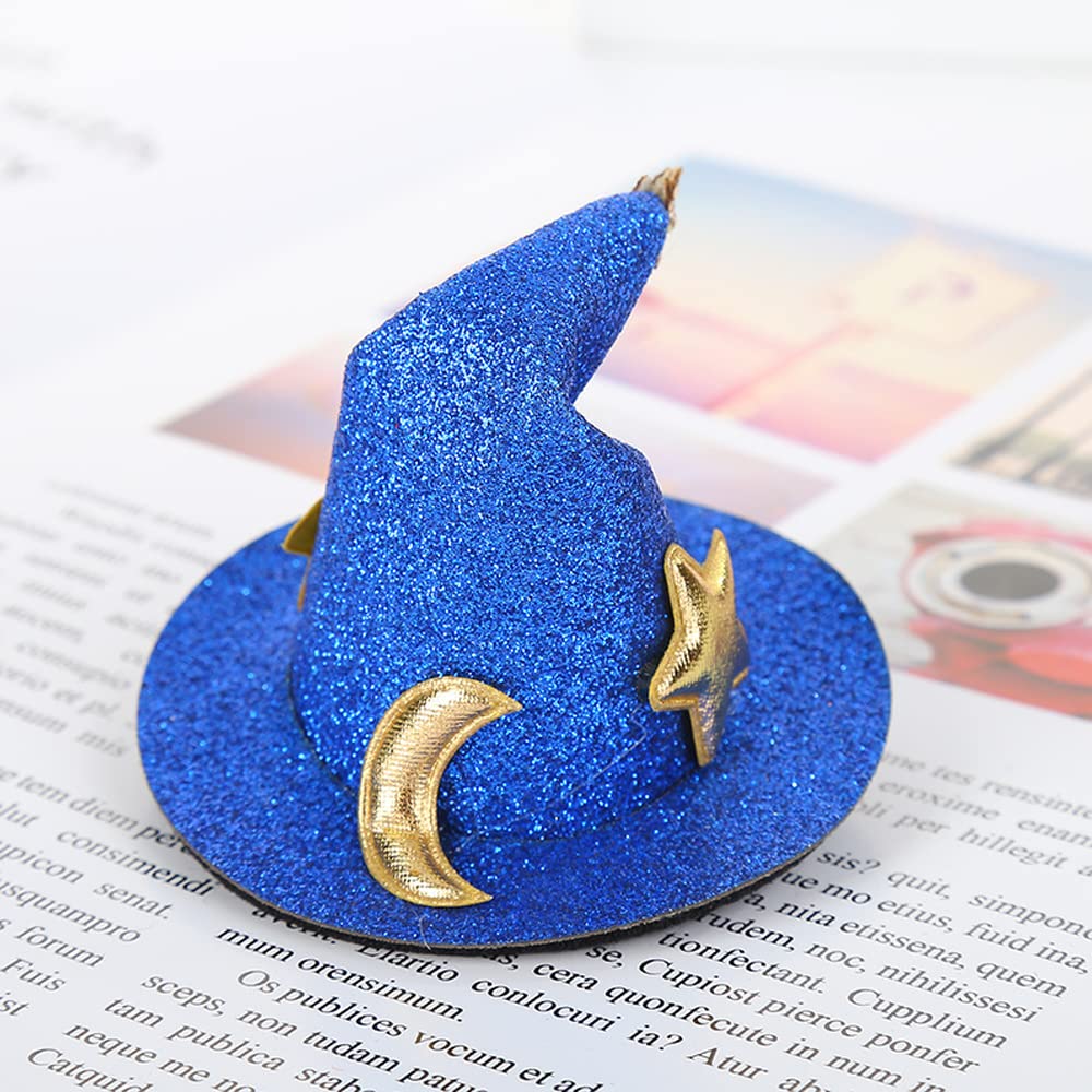 2Pcs Mini Top Hat Hair Clips - Shining Star & Moon Halloween Witch Hat Hairpins, Hair Barrettes for Women & Girls - Perfect for Party, Performance, Cosplay & Witch Costume Accessories (Blue & Black)