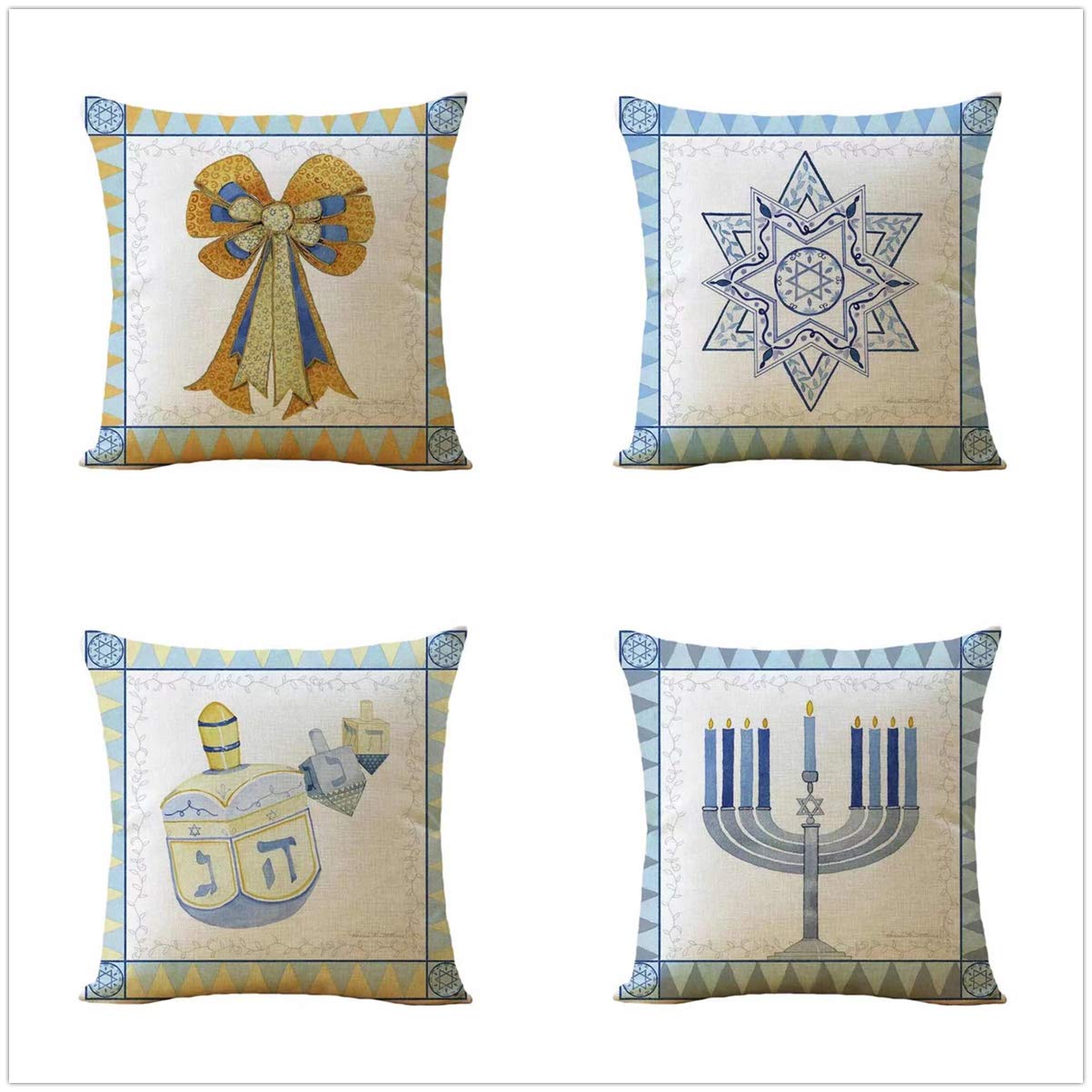 Hanukkah Throw Pillow Covers Set of 4 - Blue Trim Jewish Holiday Decorative Cushion Covers for Sofa, Bed & Car - Perfect for Hanukkah Home Decor & Festival Celebrations