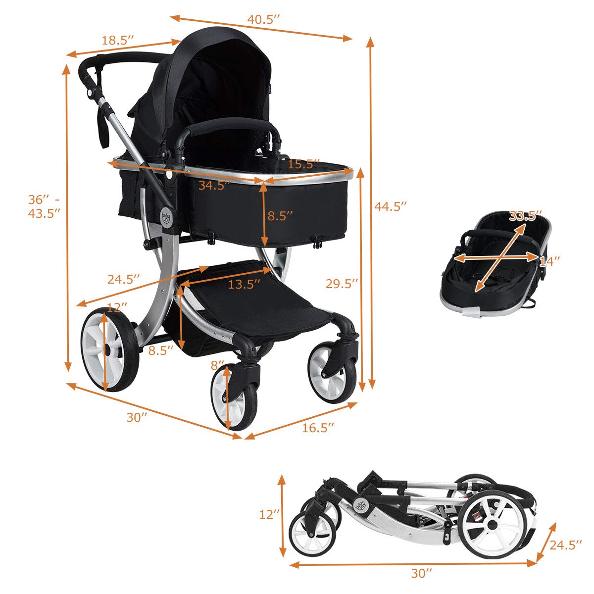 HONEY JOY Baby Stroller - Convertible Infant Bassinet Stroller with Adjustable Canopy & Backrest, Foldable Newborn Carriage with Storage Basket & Foot Cover (Black) | Perfect for Outdoor Walks, Shopping & Travel
