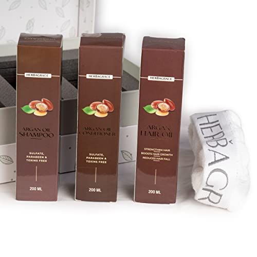 Premium Argan Hair Care Gift Set - 200ml Argan Oil & Conditioner for Frizz Control & Oily Scalp | Includes 600GSM Face Towel | Shiny, Silky Smooth Hair for Men & Women | Perfect for Gifting, Travel & Daily Hair Care Routine