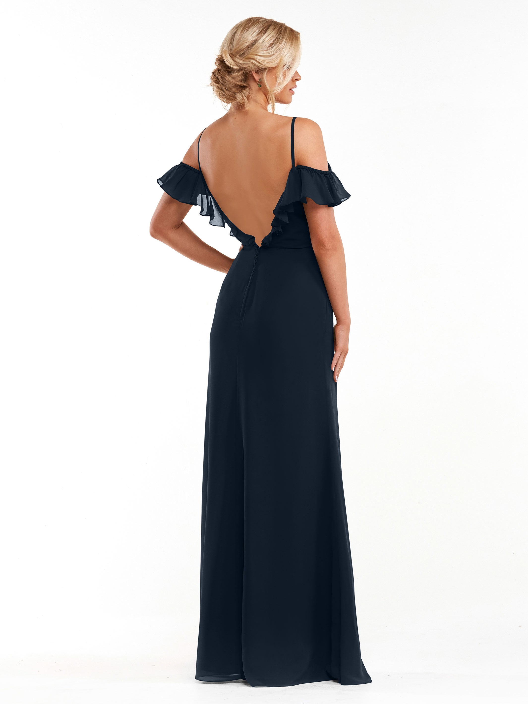 Elegant 80172 Chiffon Off-The-Shoulder A-Line Bridesmaid Dress with Ruffled Neckline - Perfect for Weddings, Formal Events & Special Occasions