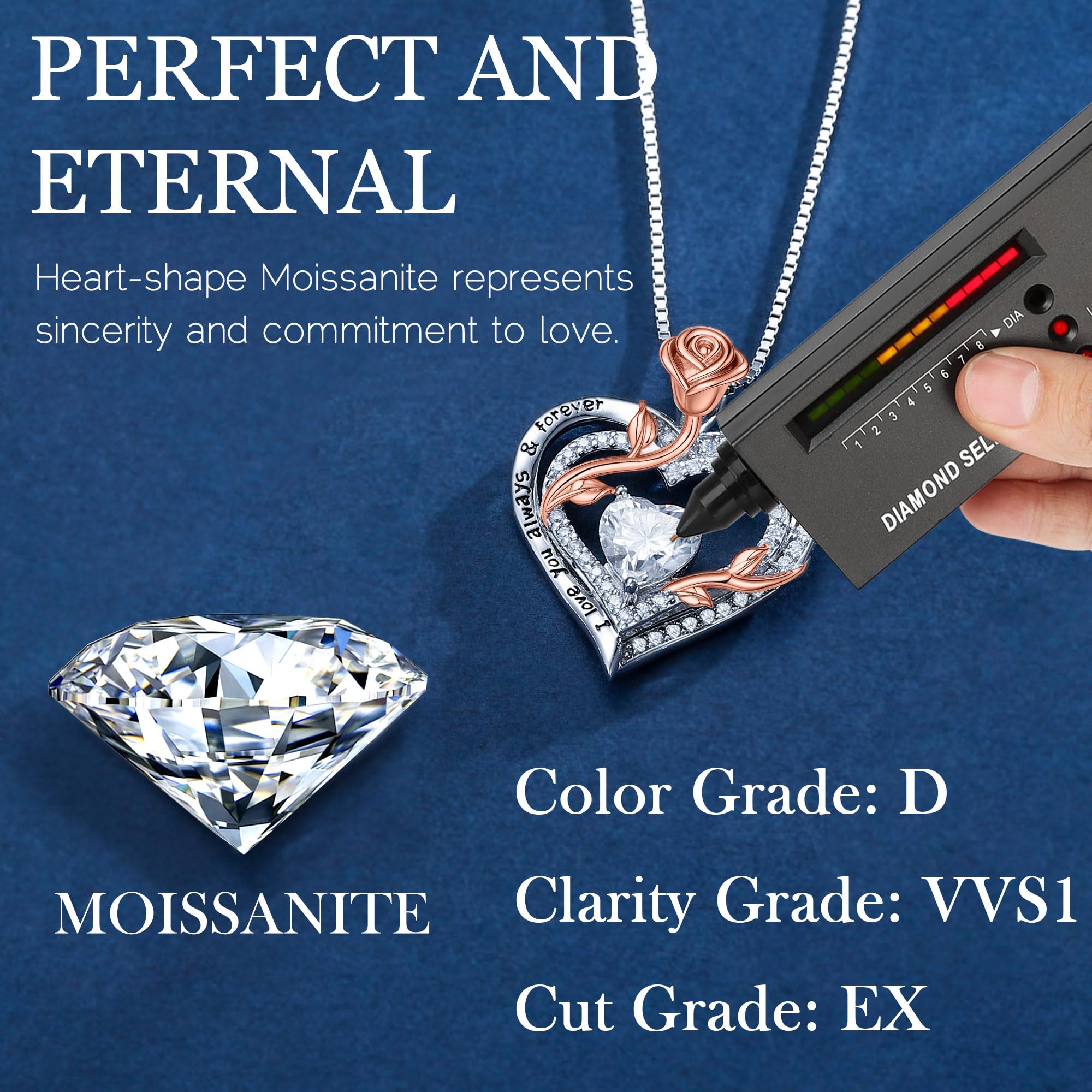 MOOSEA 1-3 ct D Color VVS1 Moissanite Rose Heart Necklace - Anniversary & Birthday Gift for Wife, Girlfriend, Women | Perfect for Valentine's Day, Wedding, Proposal & Romantic Occasions