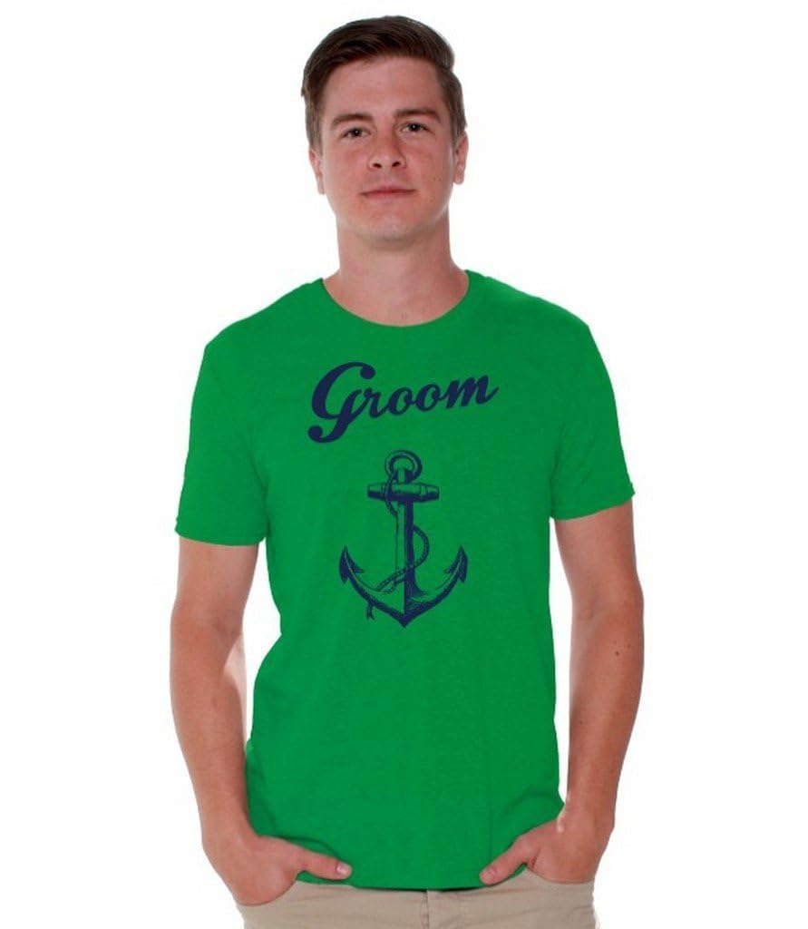 Awkwardstyles Men's Groom T-Shirt - Navy Blue Anchor Print Casual Beach Wedding Shirt for Groomsmen, Best Man & Beach Parties | Perfect for Summer Weddings, Vacations & Coastal Events