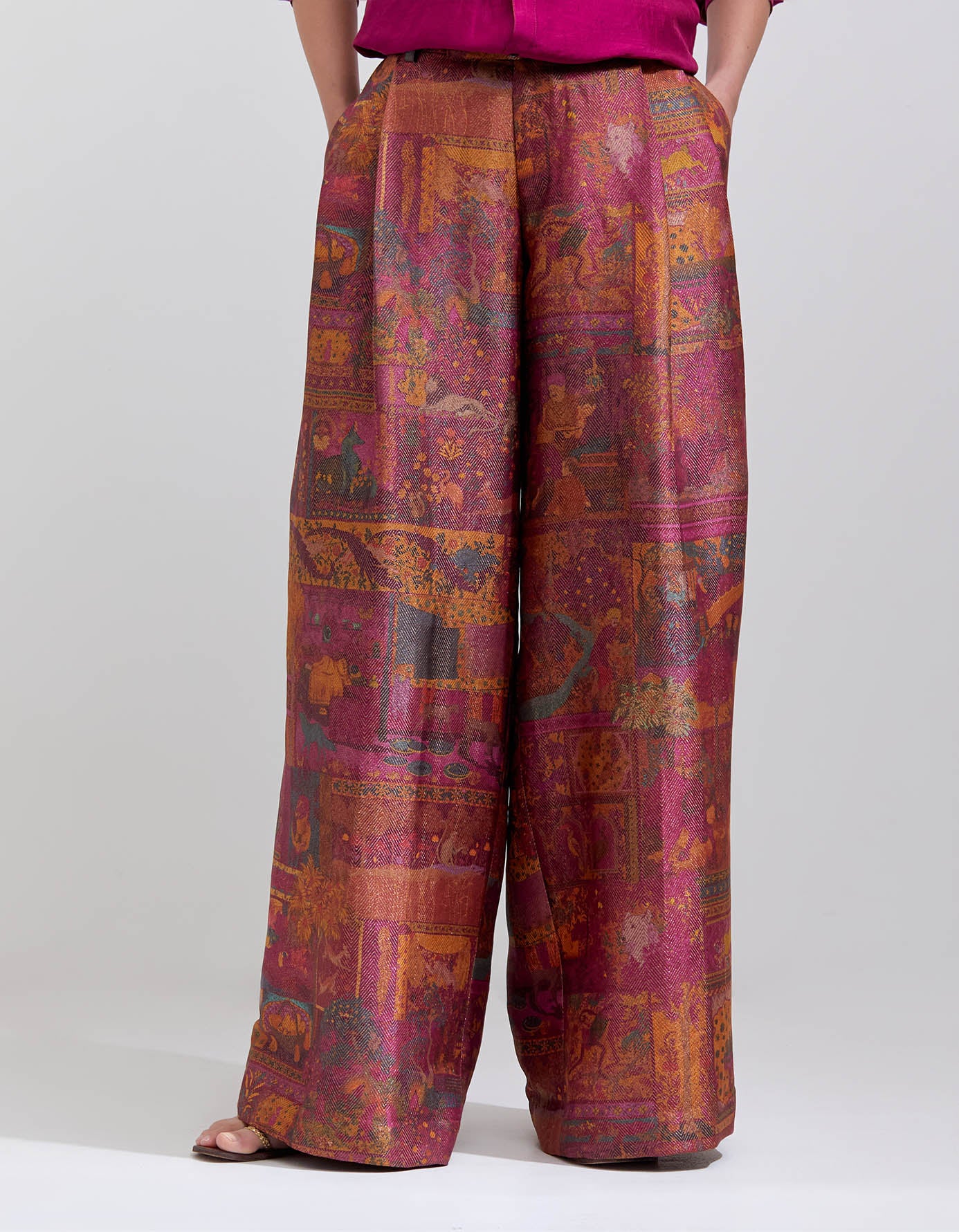 Elegant Purple Panchatantra Silk Brocade Palazzo Pants with Zig Zag Design - Perfect for Indian Weddings, Festivals & Boho Chic Outfits