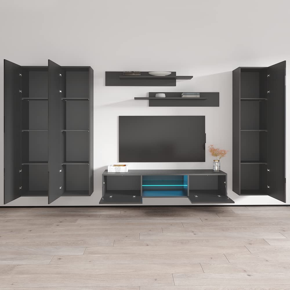 Modern Gray Fly C 33 Wall-Mounted TV Stand with Storage Shelves & LED Lights - Slim Entertainment Center Console for Bedroom & Living Room - Space-Saving Media Storage Solution for TVs up to 65