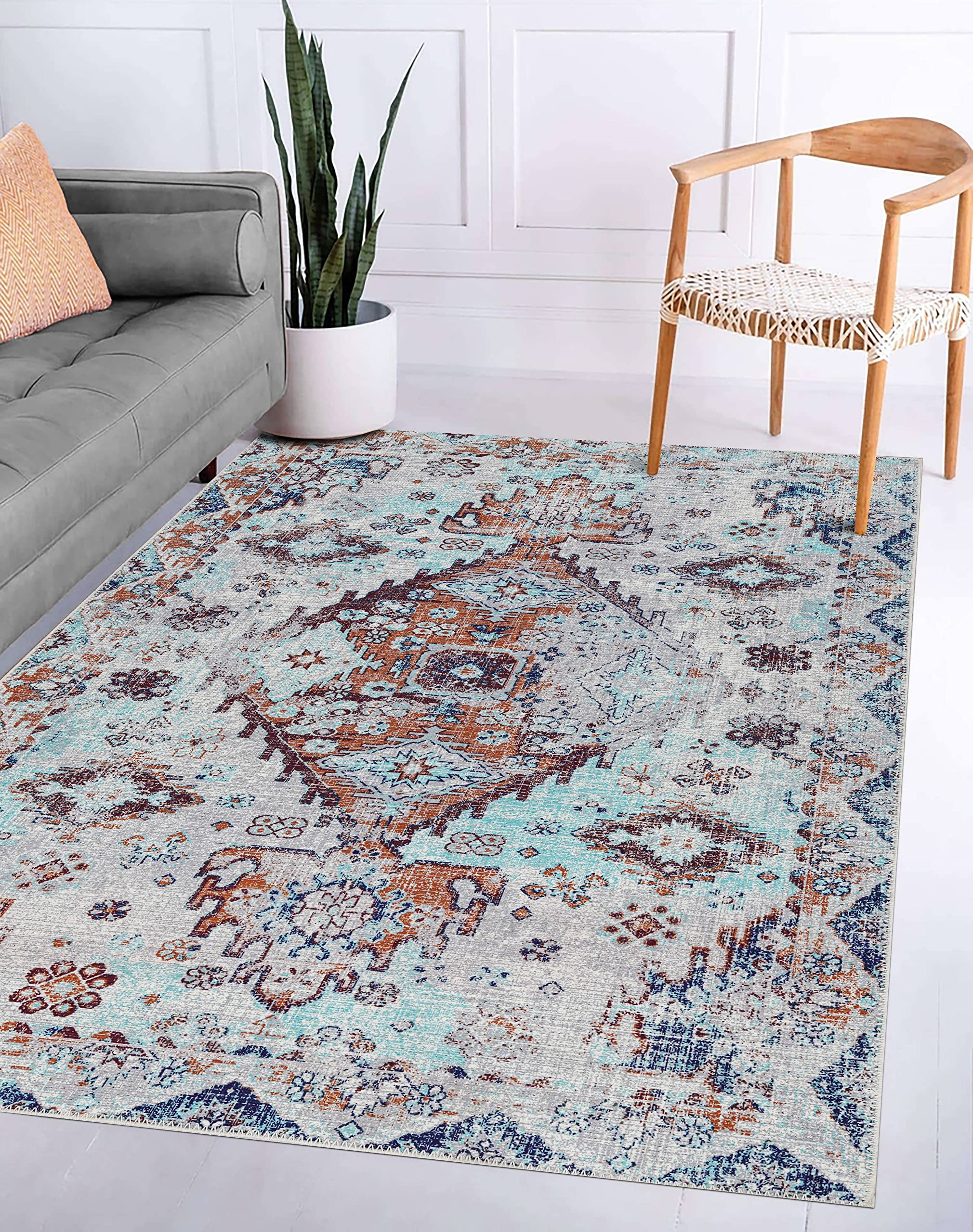 **Adiva Washable Area Rug - Vintage Persian Print, Non-Slip Floor Carpet for Living Room, Bedroom, Bathroom & Kitchen - Soft & Durable Home Decor Mat (Blue, 3' x 5') - Perfect for Cozy Spaces & High-Traffic Areas**