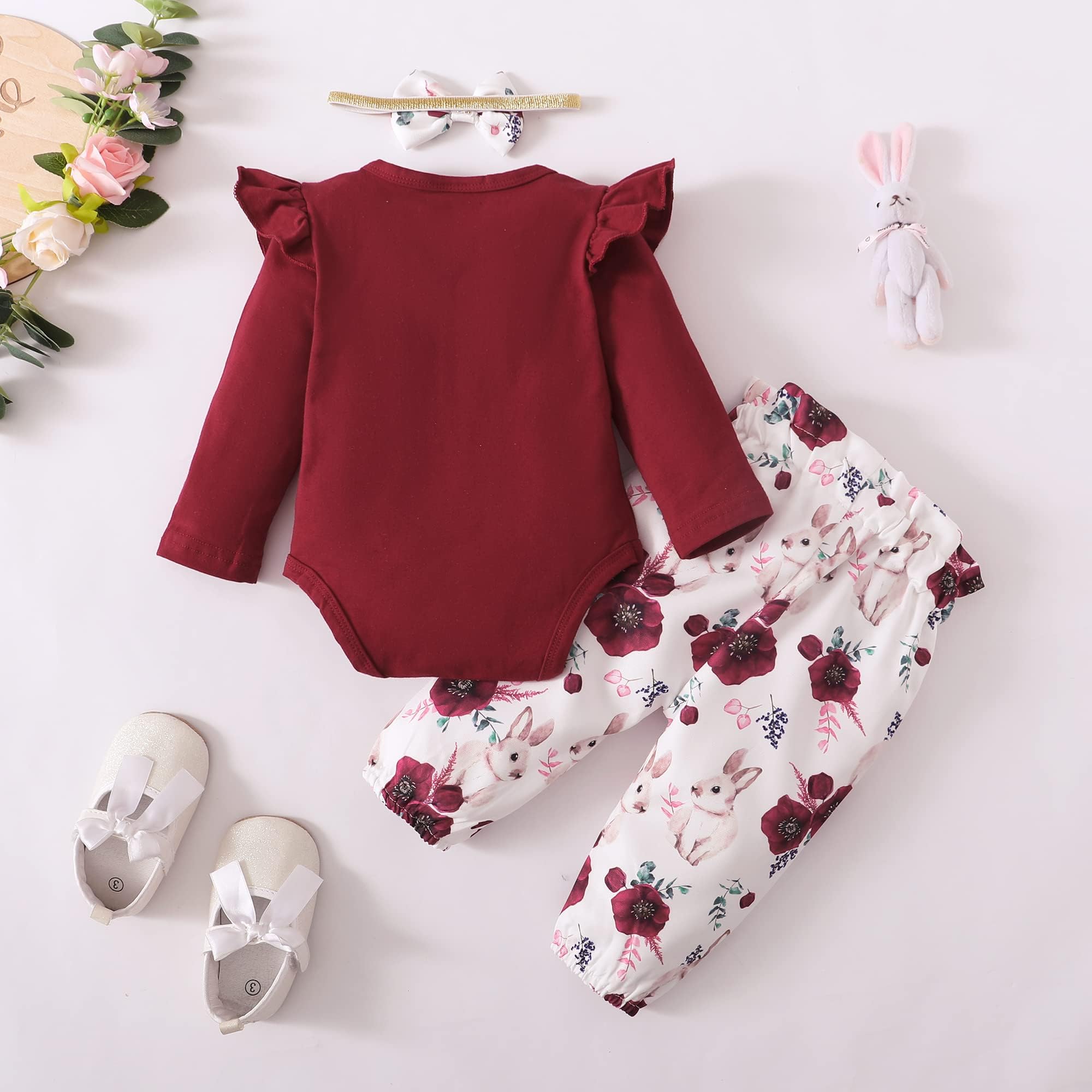 OLLUISNEO Newborn Baby Girl Clothes - Cute Floral Long Sleeve Romper & Pant Set for Infant Girls 0-24 Months | Soft Cotton Winter Outfit for Fall & Winter | Perfect for Family Photos, Holiday Gifts & Daily Wear