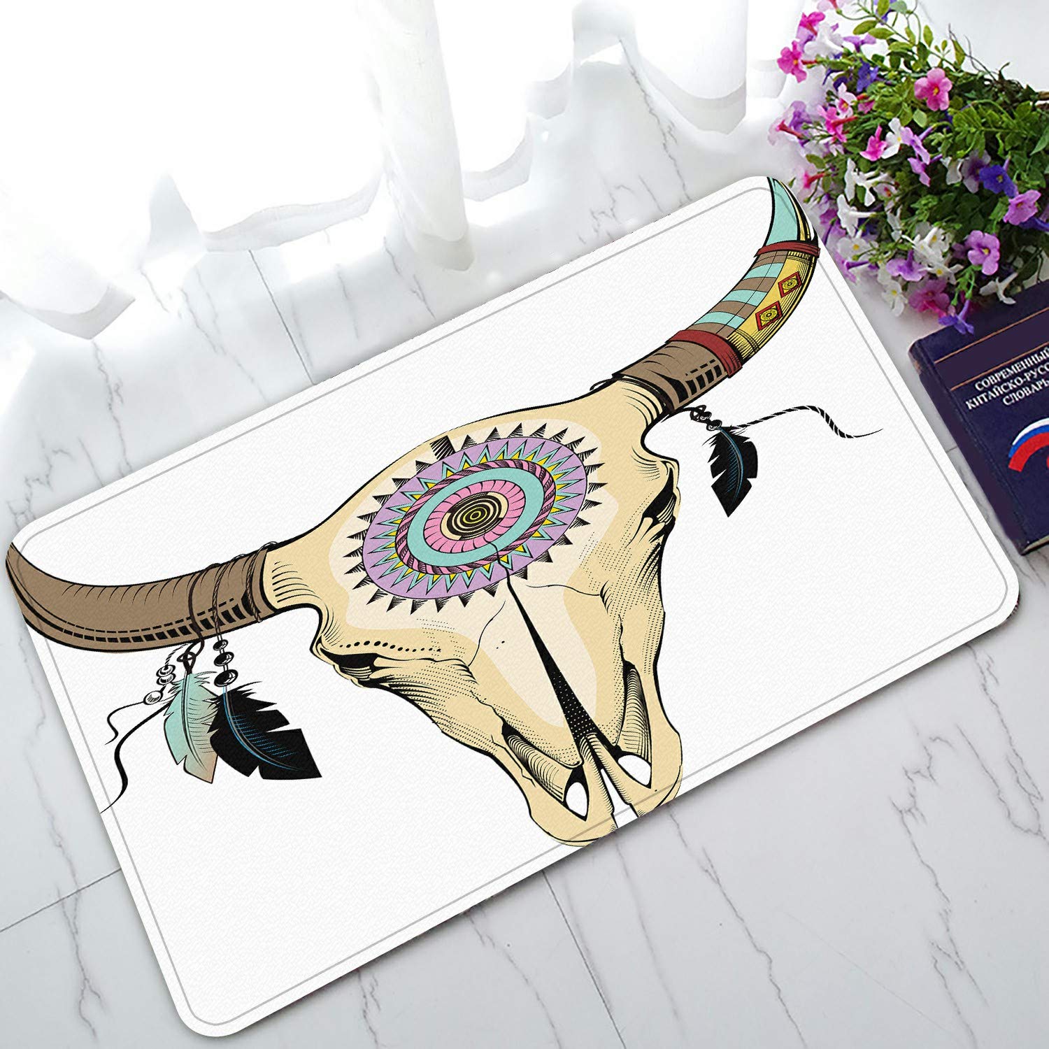 ECZJNT Bull Skull Welcome Doormat - 30x18 Inch Non-Slip Bath Rug & Entrance Floor Mat for Western Home Decor, Ranch Style Entryway, Cowboy Themed Porch