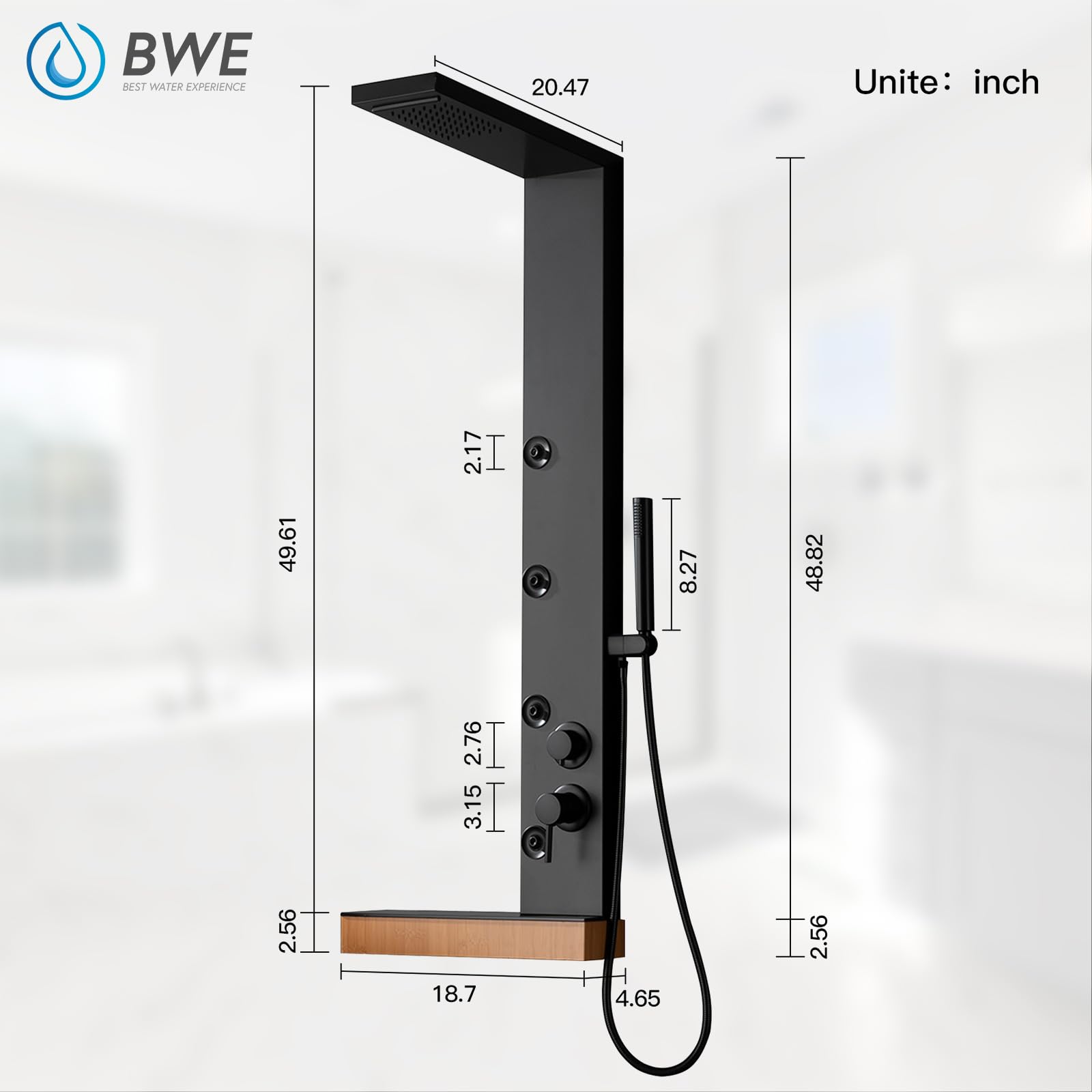 BWE 4-in-1 Stainless Steel Shower Panel Tower System with Rainfall Shower Head, Handheld Massage Spray, Body Jets & Storage Shelf - Multi-Function Bathroom Upgrade for Spa-Like Experience