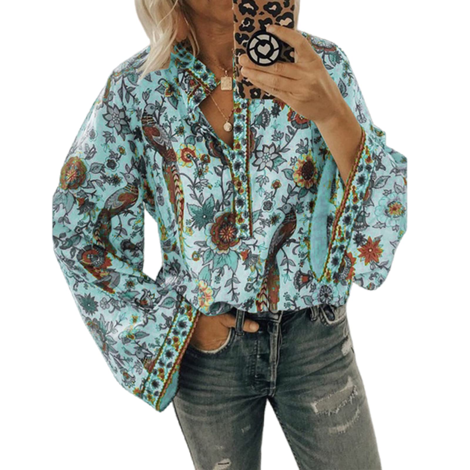 Women's Floral Print Henley Shirts - Trendy Button Up Blouses with V-Neck & Long Sleeves | Casual Loose Fit Tops for Everyday Wear, Work & Date Nights