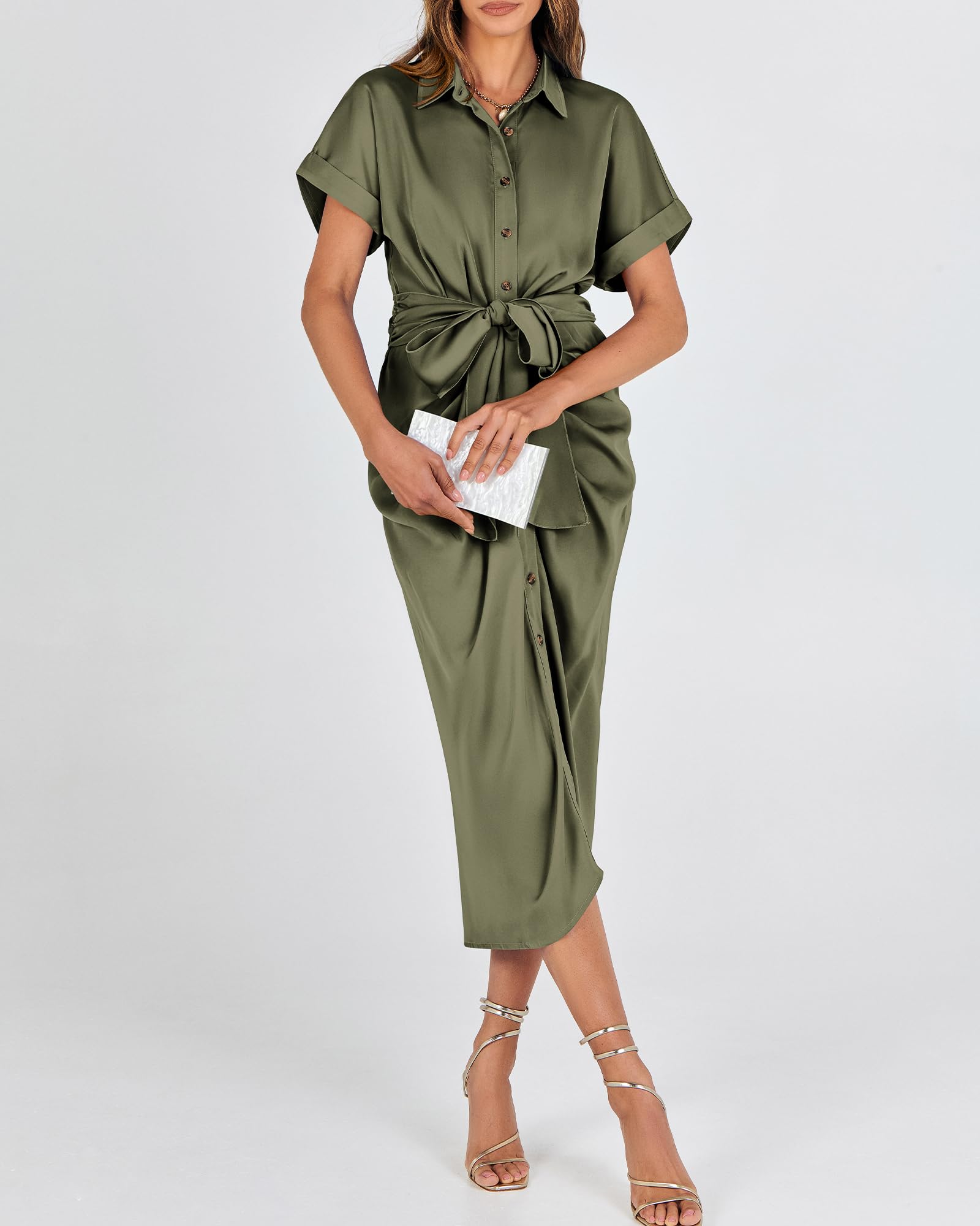 BTFBM Women's 2025 Elegant Ruched Button Down Shirt Dress - Short Sleeve Lapel V-Neck Satin Maxi Dress for Spring Summer | Perfect for Parties, Weddings & Special Occasions