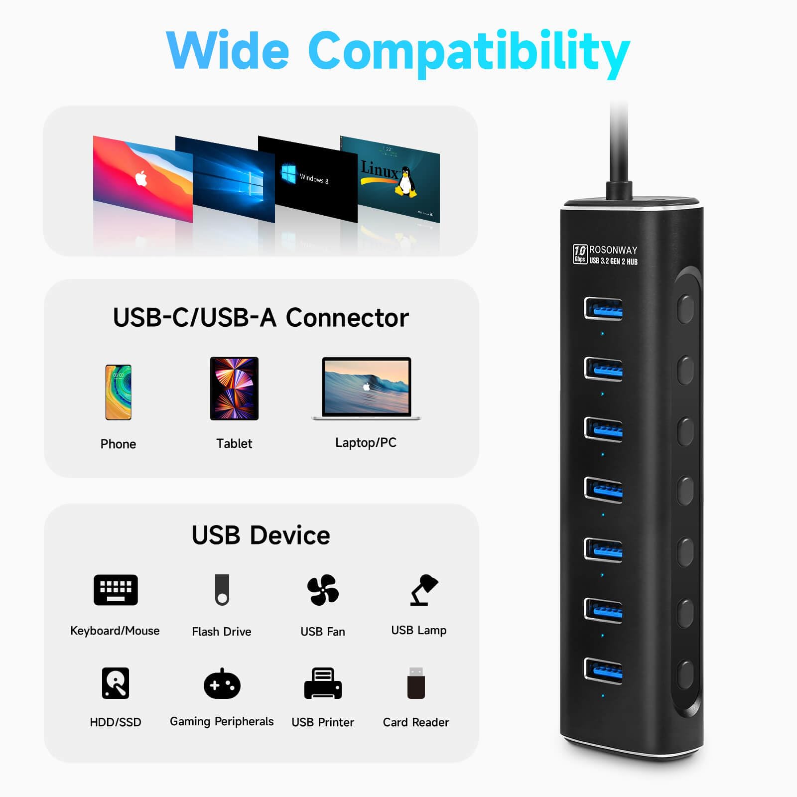 Rosonway 7-Port USB 3.2 Gen 2 Hub with 10Gbps Speed, Individual Power Switches & 24W Adapter - Aluminum USB-C Hub for Laptop, PC, MacBook - Ideal for Home Office, Gaming Setup & Multi-Device Charging Station