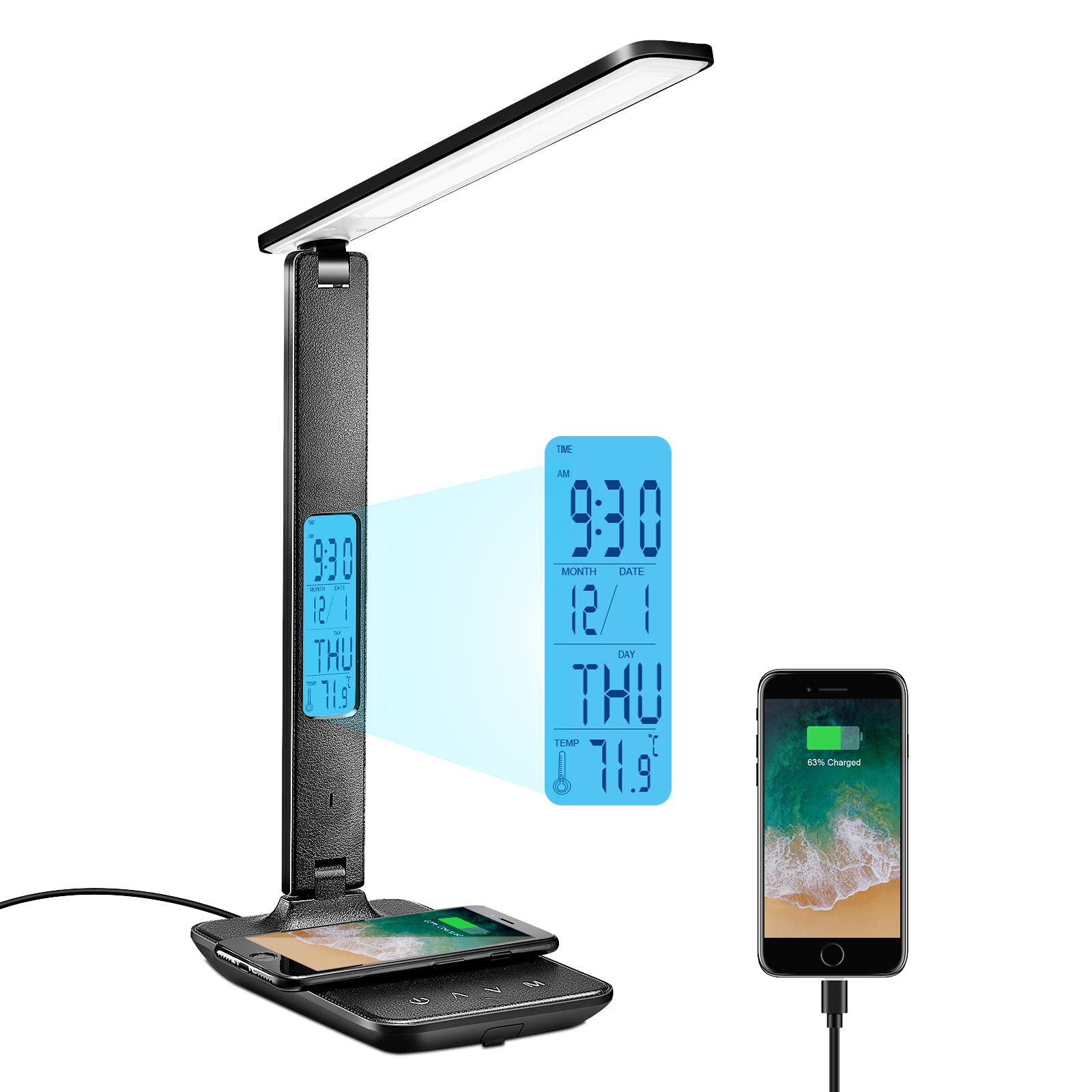 LED Desk Lamp with Wireless Charger & USB Port - Adjustable Foldable Office Lamp with Clock, Alarm, Date & Temperature Display - 5-Level Dimmable Lighting for Home, Office & Study - Includes Power Adapter