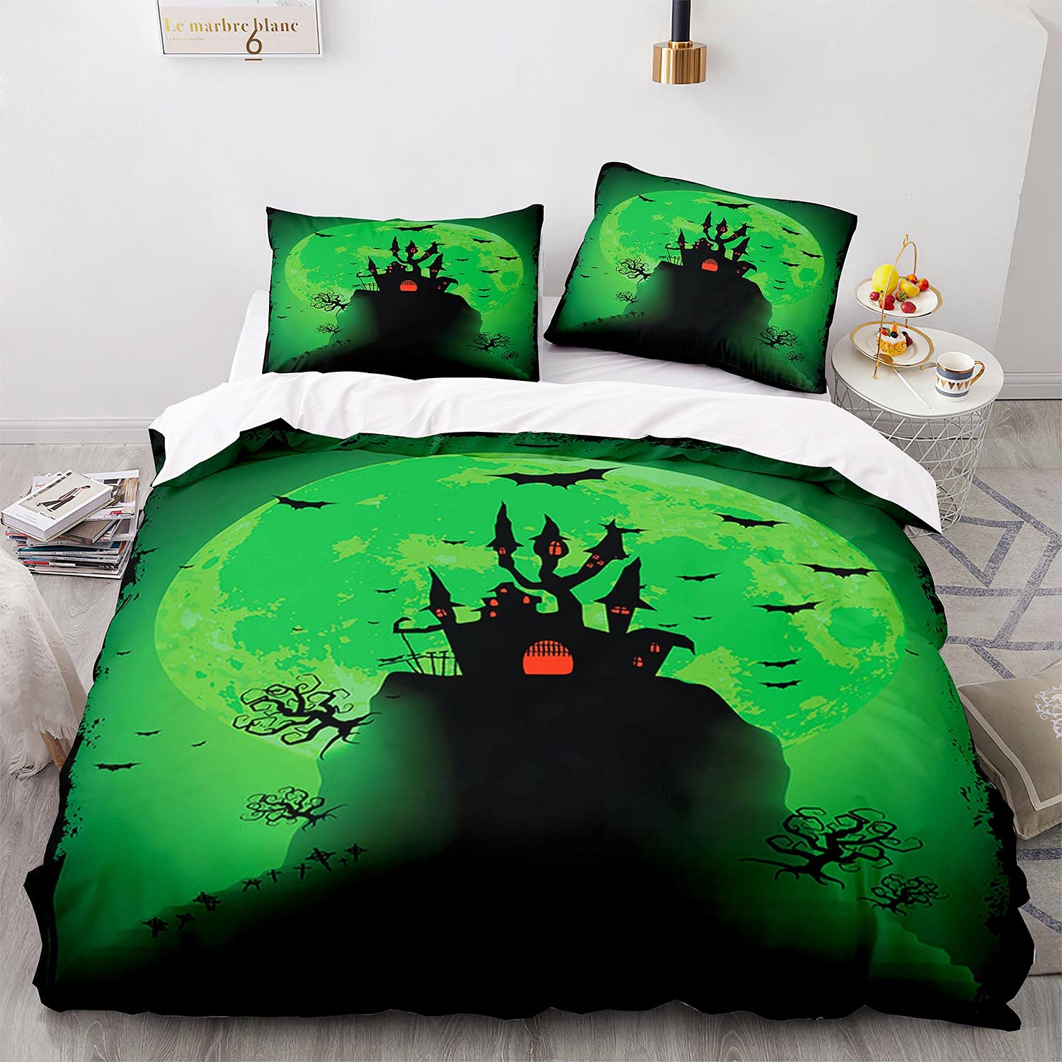 Spooky Halloween Bedding Set - Black Castle Bats Duvet Cover King Size with Moon Design for Kids & Teens | Includes 1 Duvet Cover + 2 Pillowcases | Perfect for Halloween Decor & Themed Bedrooms