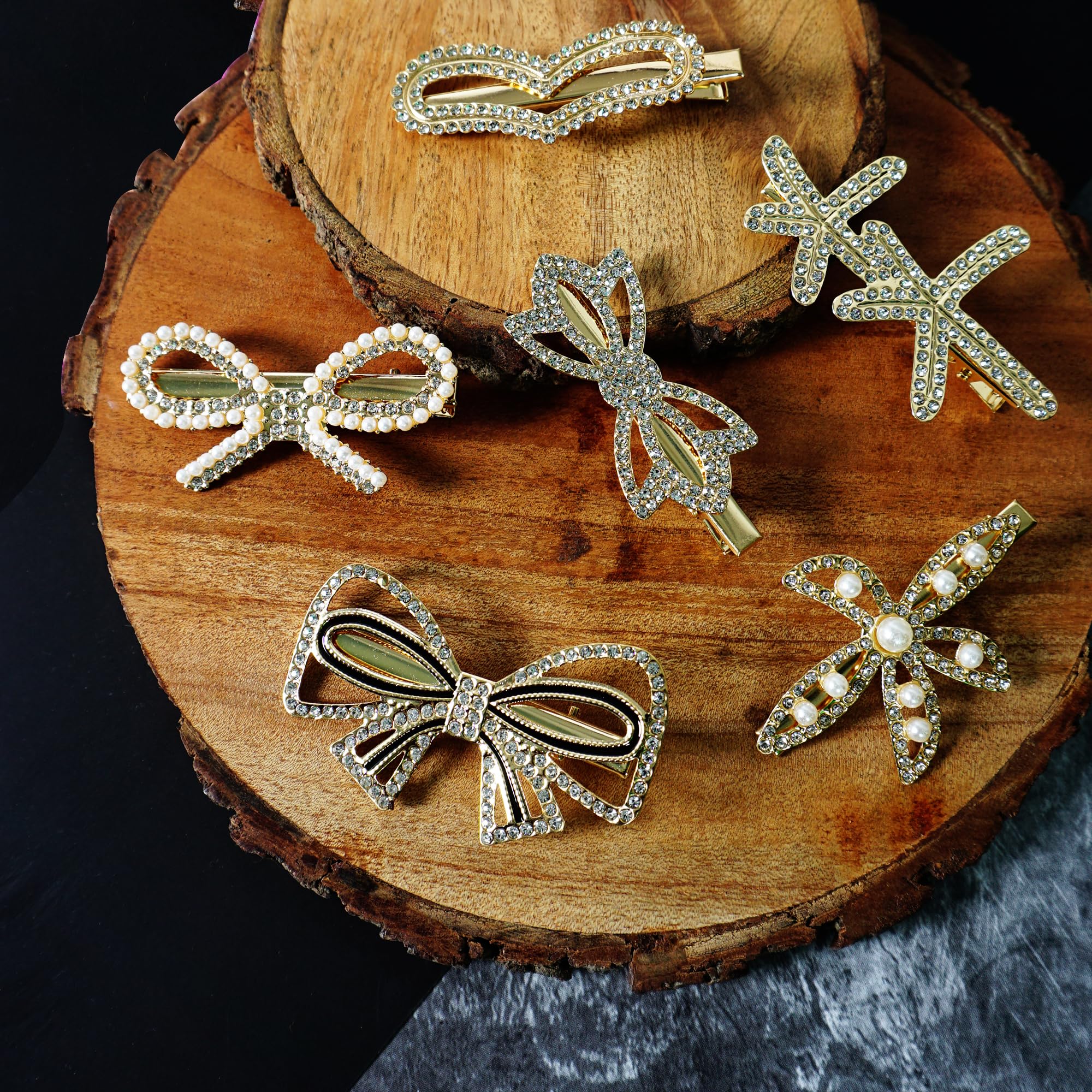 Korean Style Rhinestone & Pearl Geometric Hair Clips for Women - Elegant Metal Barrettes & Hairpins (6-Pack, Golden) - Perfect for Weddings, Parties & Everyday Fashion Accessories