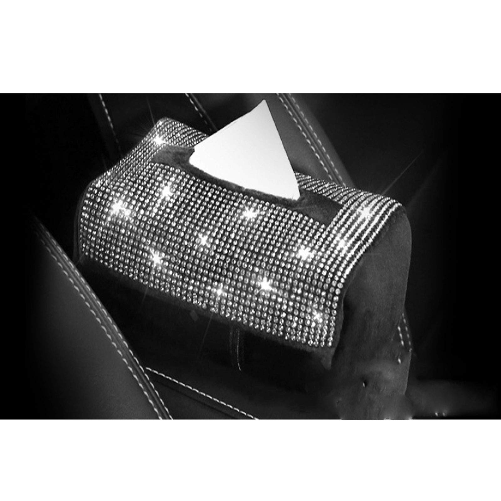 Sparkling Car Sun Visor Tissue Box Holder - Soft Plush Crystal Paper Towel Cover Case | Elegant Auto Interior Accessories for Women | Perfect for Road Trips & Daily Commute (White)