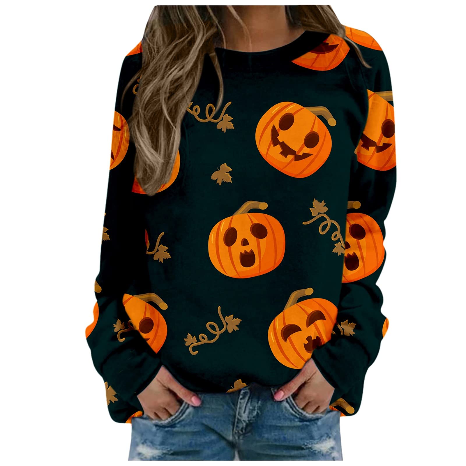 Women's Casual Long Sleeve Blouses - Funny Pumpkin Print O-Neck Shirts for Fall Fashion | R1167 | Perfect for Autumn Outfits, Halloween Parties & Cozy Seasonal Looks