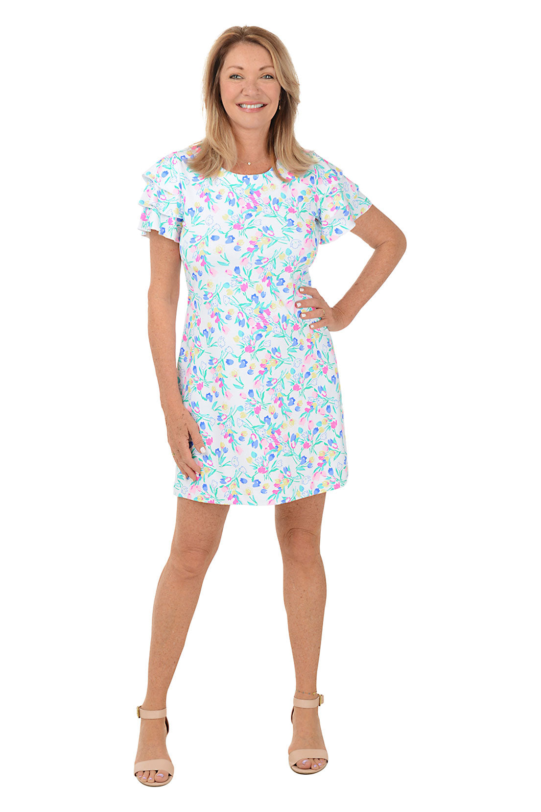 UPF50+ Tulip Bouquet Floral Print Cha Cha Sleeve Summer Dress - Perfect for Beach Vacations, Garden Parties & Outdoor Weddings