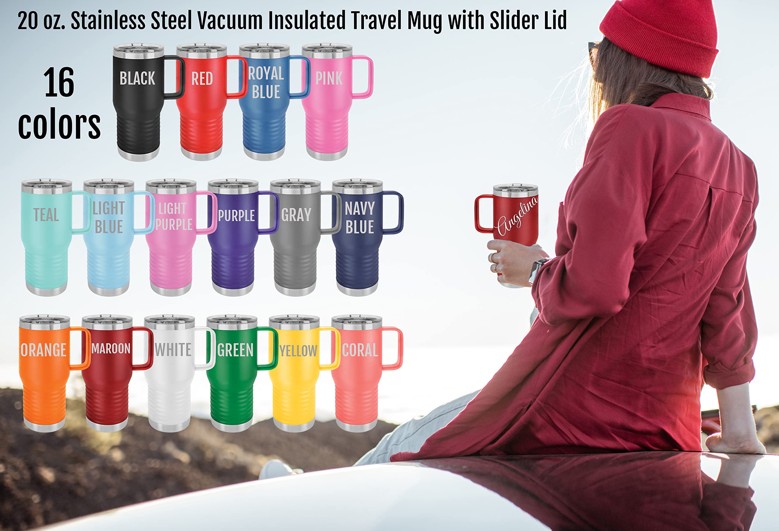 Polar Camel 20 oz Vacuum Insulated Stainless Steel Travel Tumbler with Handle & Slider Lid - Leakproof Coffee Mug for Hot & Cold Drinks - Perfect Gift for Men & Women (Light Purple) - Ideal for Office, Commuting, Camping & Outdoor Activities
