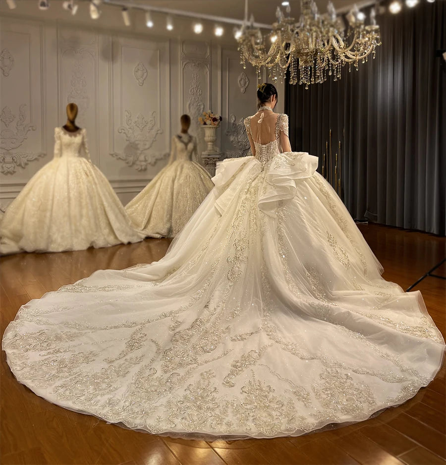 Elegant V-Neck Long Sleeve Ball Gown Wedding Dress with Ruffles - Perfect for Bridal, Formal Events & Special Occasions