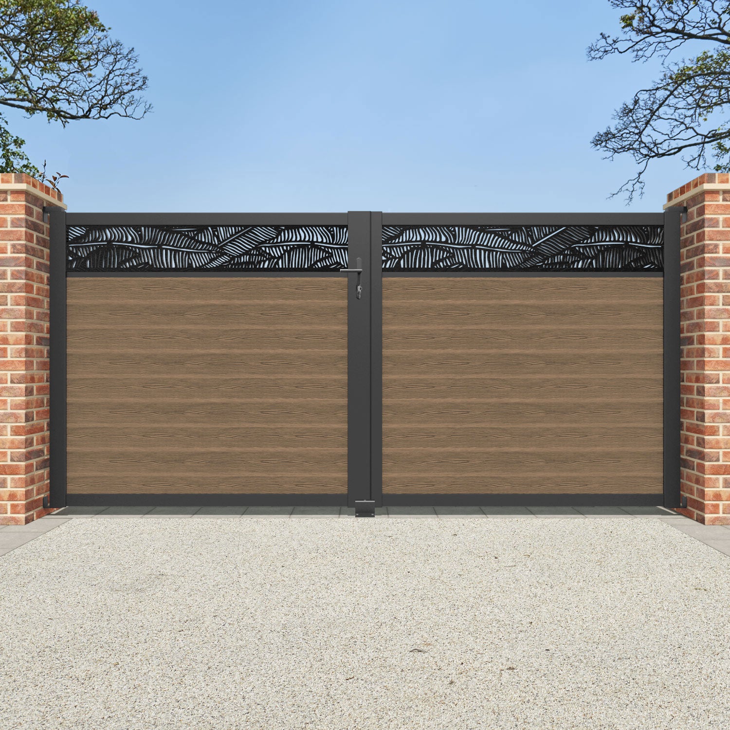 Classic Teak Feather Straight Top Driveway Gate with Screen - Perfect for Home Entryway, Garden Fence, and Property Security