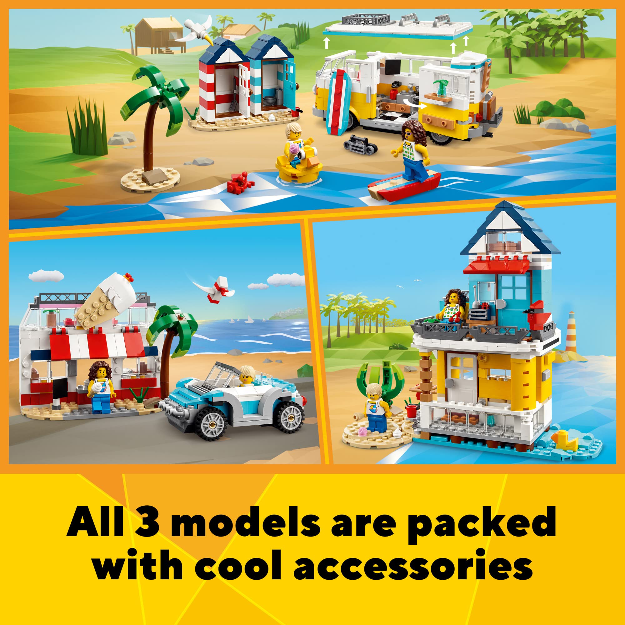 LEGO Creator 3-in-1 Beach Camper Van Building Kit - Transforms into Ice Cream Shop & Beach House | Creative Building Toy for Kids | Perfect Gift for Boys & Girls Who Love Surfing & Beach Pretend Play | Great for Birthday, Christmas & Summer Vacation Activities (Set 31138)