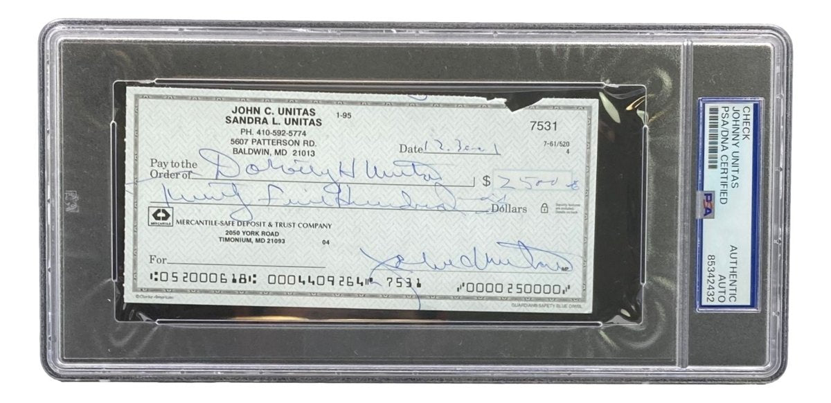 Johnny Unitas Baltimore Colts Autographed Signed Bank Check #7531 PSA/DNA Certified - Rare NFL Memorabilia for Collectors & Sports Fans (Perfect for Display, Investment or Gift)