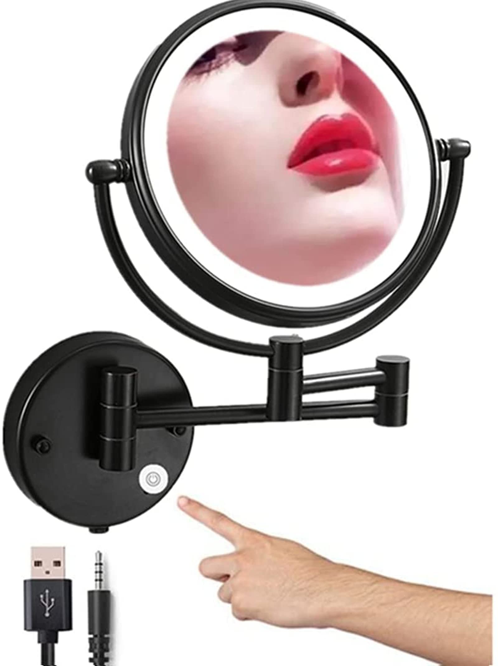 10X Magnifying Wall Mounted Makeup Mirror with LED Lights - 8 Inch Double Sided Vanity Mirror, USB Rechargeable, Touch Control, Matte Black - Perfect for Bathroom, Dressing Room & Bedroom Makeup Application