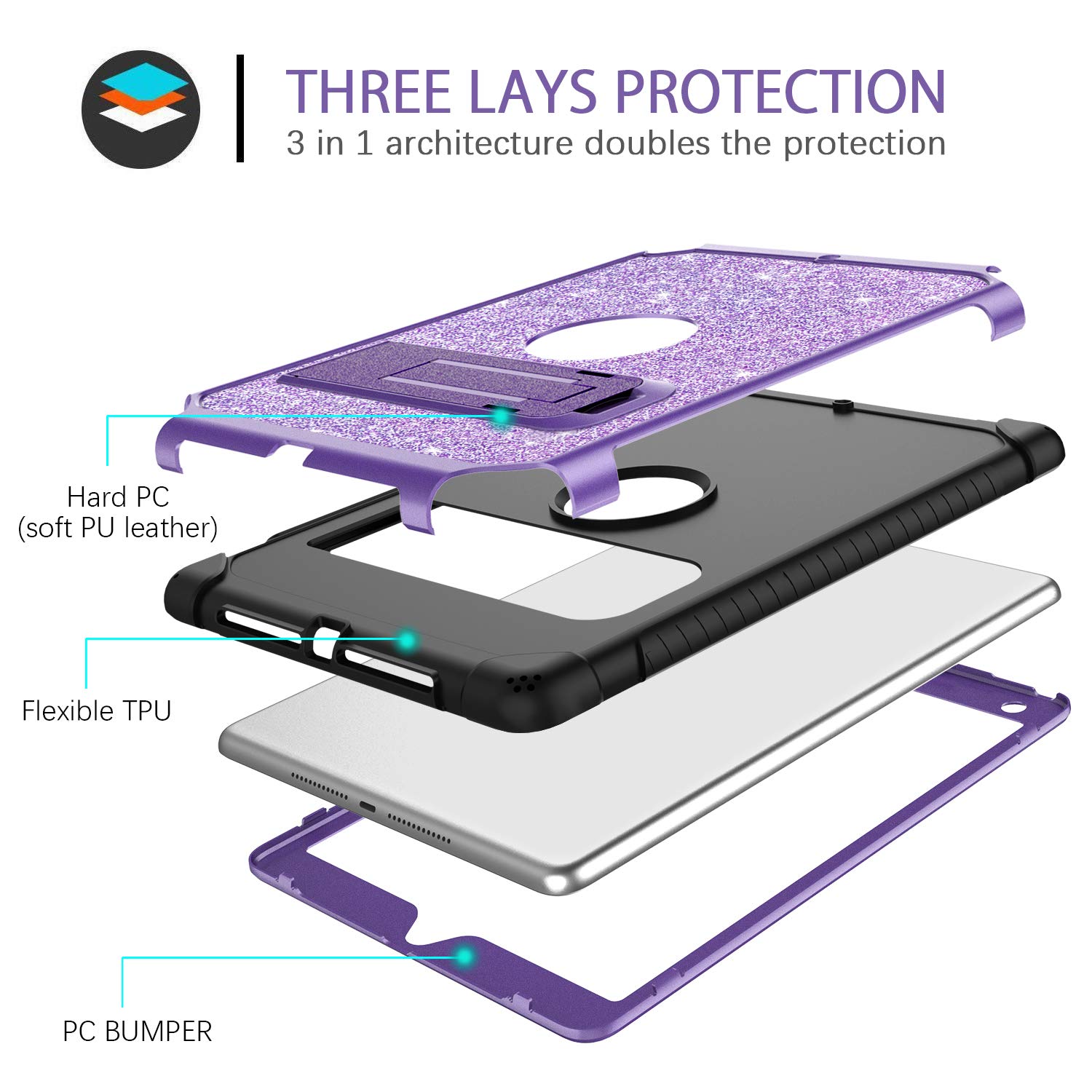 DUEDUE iPad 9.7 Case (2017/2018) & iPad Air 2 Case - 6th/5th Gen Protective Cover with Kickstand | Shockproof Glitter Bling Hard PC Shell | Perfect for iPad Pro 9.7 - Purple | Ideal for School, Work & Travel Protection
