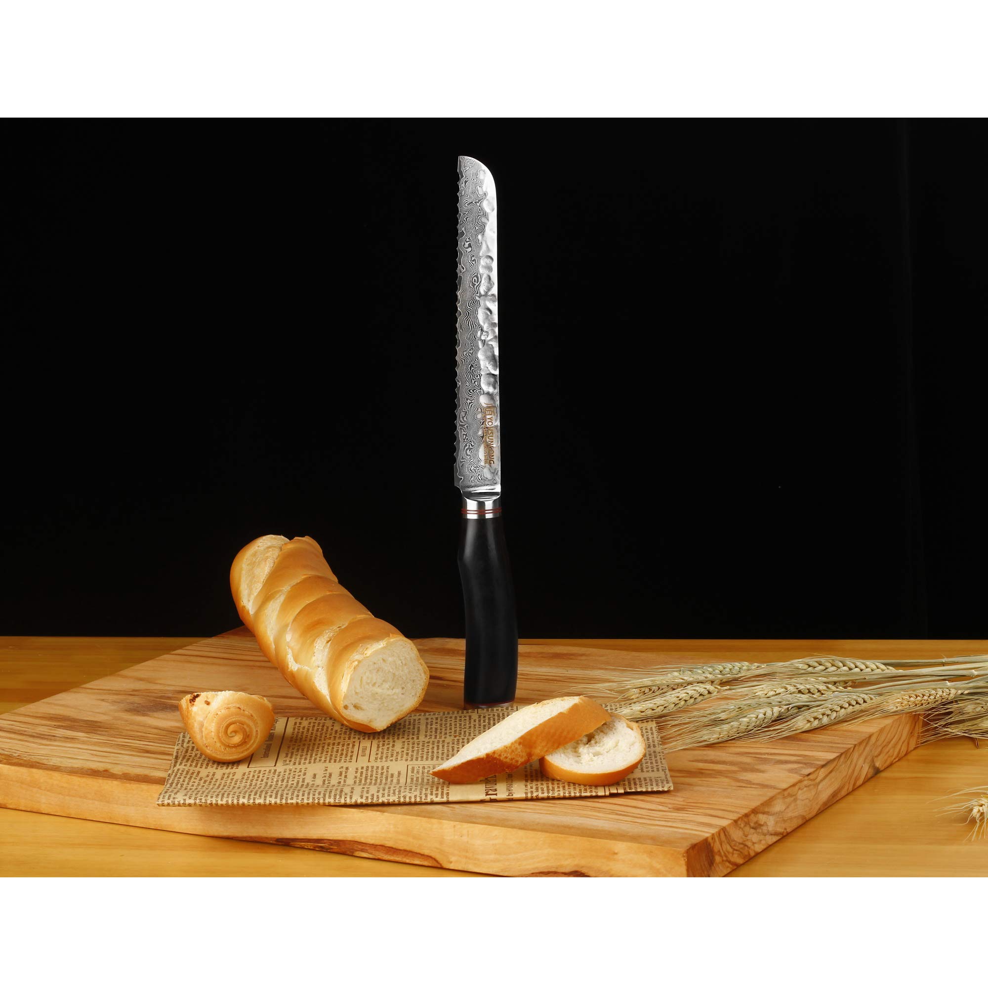 YOUSUNLONG 8-Inch Serrated Bread Knife - Premium Japanese Hammered Damascus Steel - Natural Ebony Wood Handle - Perfect for Slicing Bread, Bagels, Cakes and Deli Meats - Ideal for Home Kitchens, Bakeries and Restaurants