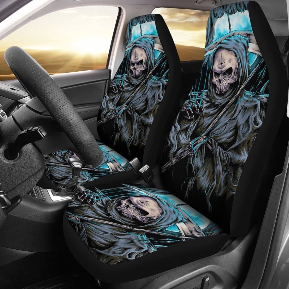 2 Pcs Gothic Skull Car Seat Covers - Premium Universal Fit for Cars, Trucks & SUVs - Black Skull Design - Perfect for Halloween, Gothic Style & Car Accessories