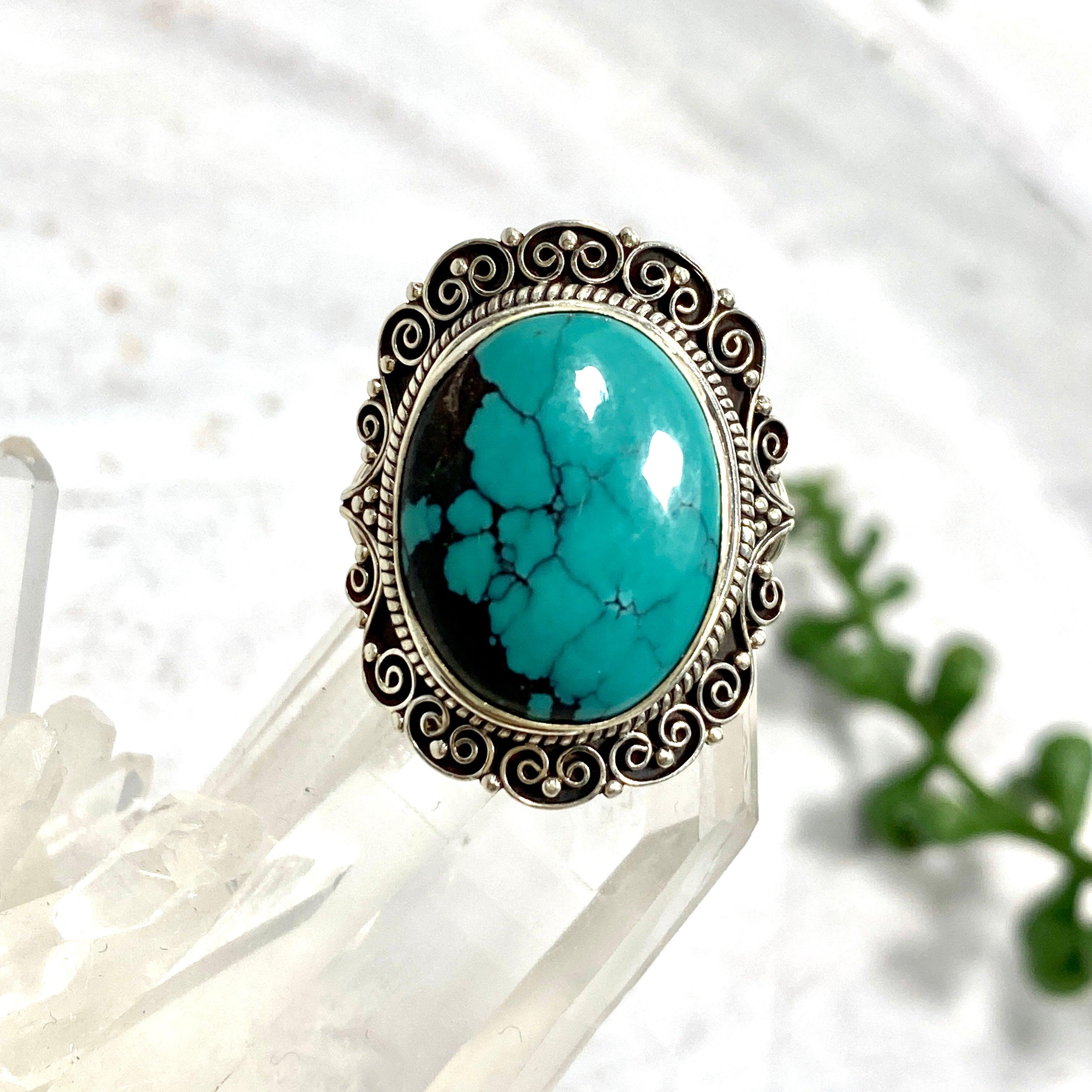 Boho Style Turquoise Oval Ring for Women - Size 7 - KRGJ2778 | Handmade Bohemian Jewelry for Casual Wear, Festivals & Gift Giving