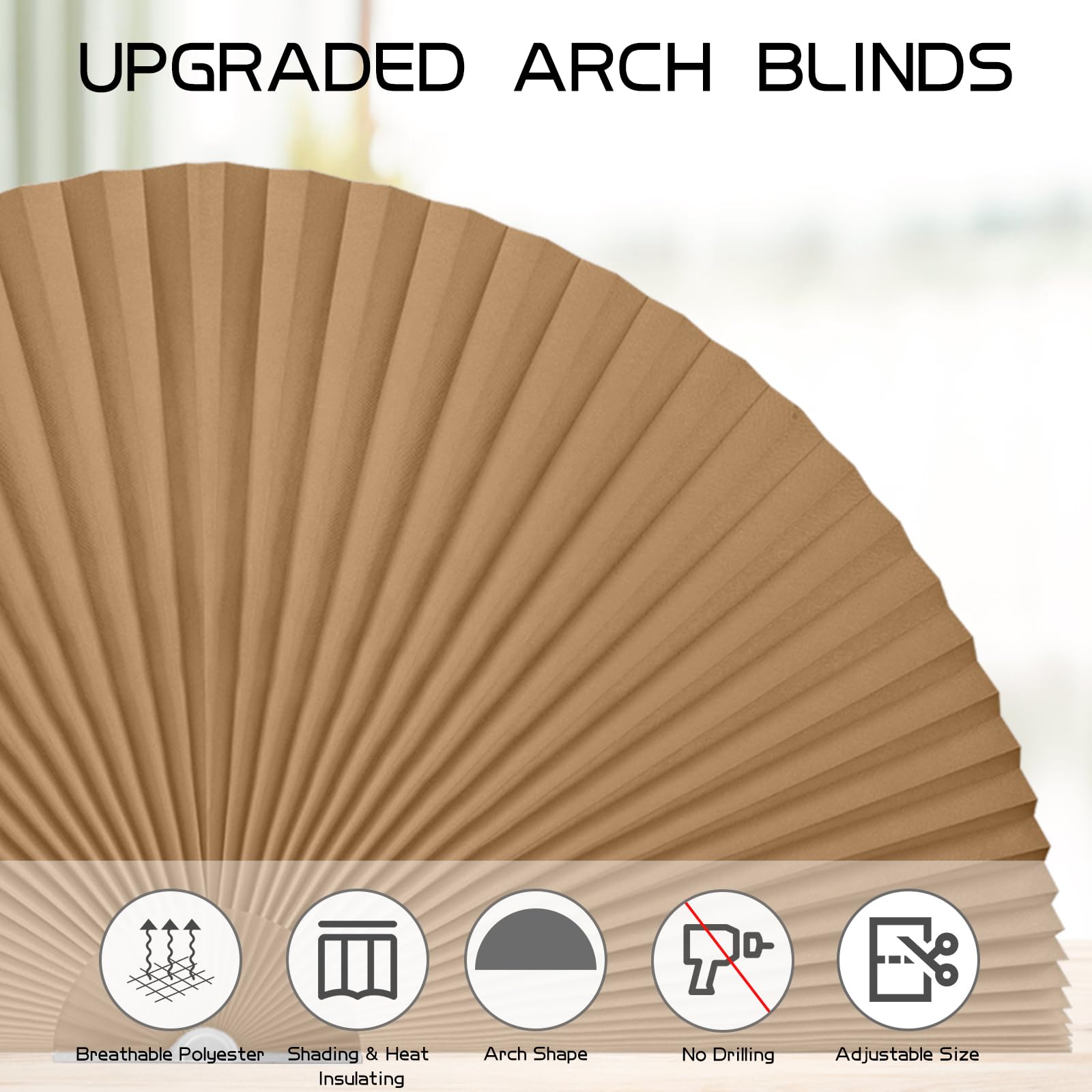 Half Circle Arch Window Shades - 36x18 Inches Brown Pleated Fabric Blinds | Light Filtering Semi Circle Window Coverings | Easy to Cut & Install | Perfect for Dormers, Attics & Unique Shaped Windows