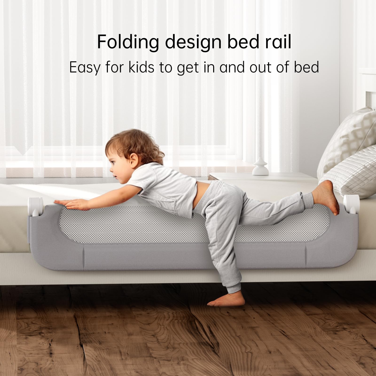 Toddler Safety Bed Rail - Adjustable Folding Bed Guard for Kids with Reinforced Anchor System - Fits Twin, Full, Queen & King Size Beds (Grey, 59